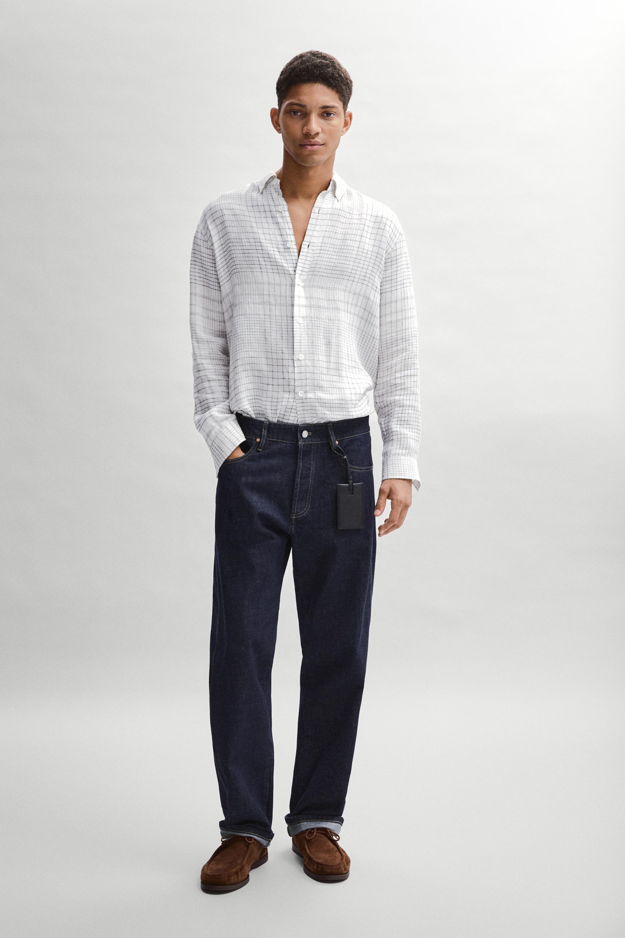 100% linen regular fit check shirt — WHITE
