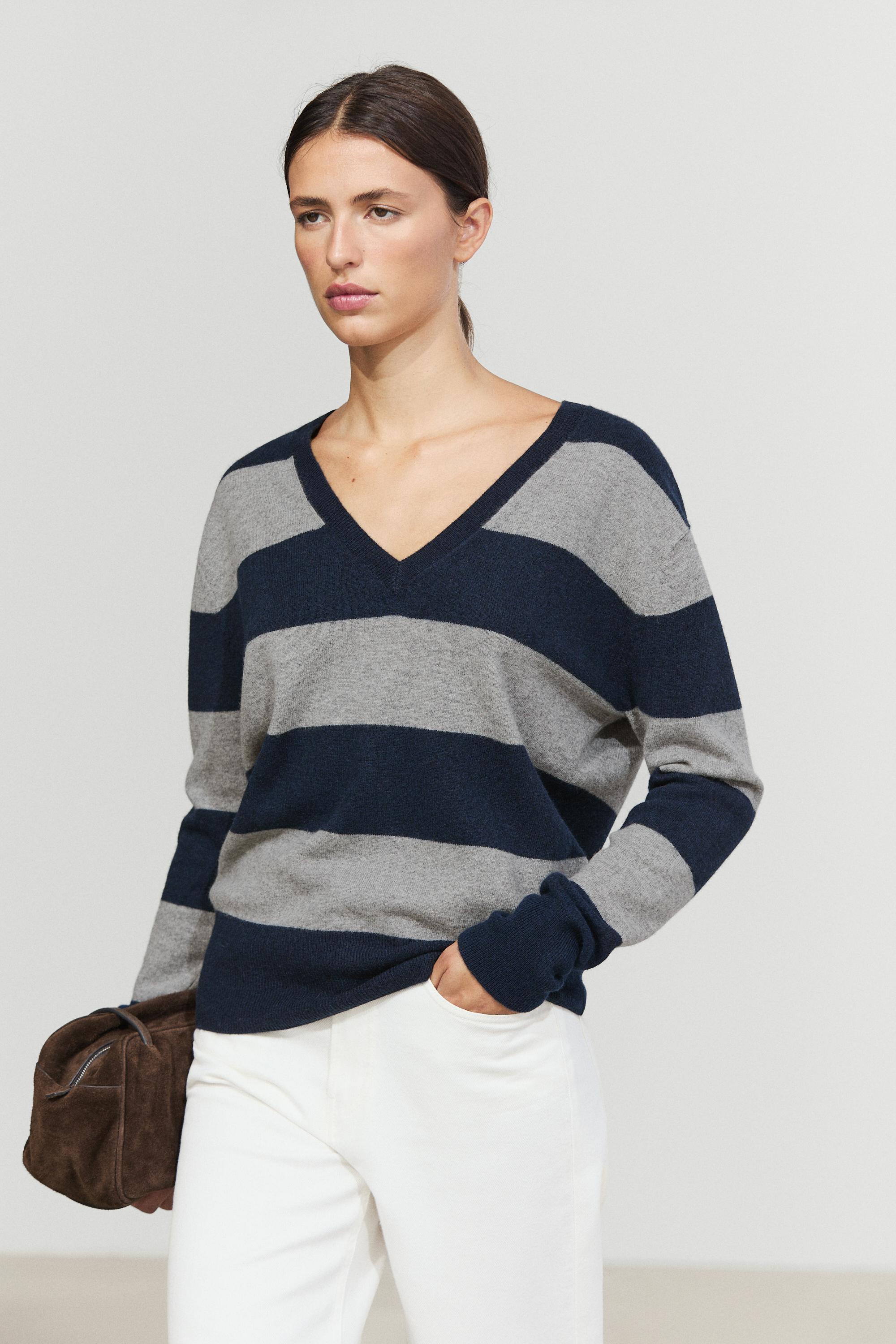Wool and cashmere stripe V-neck knit sweater