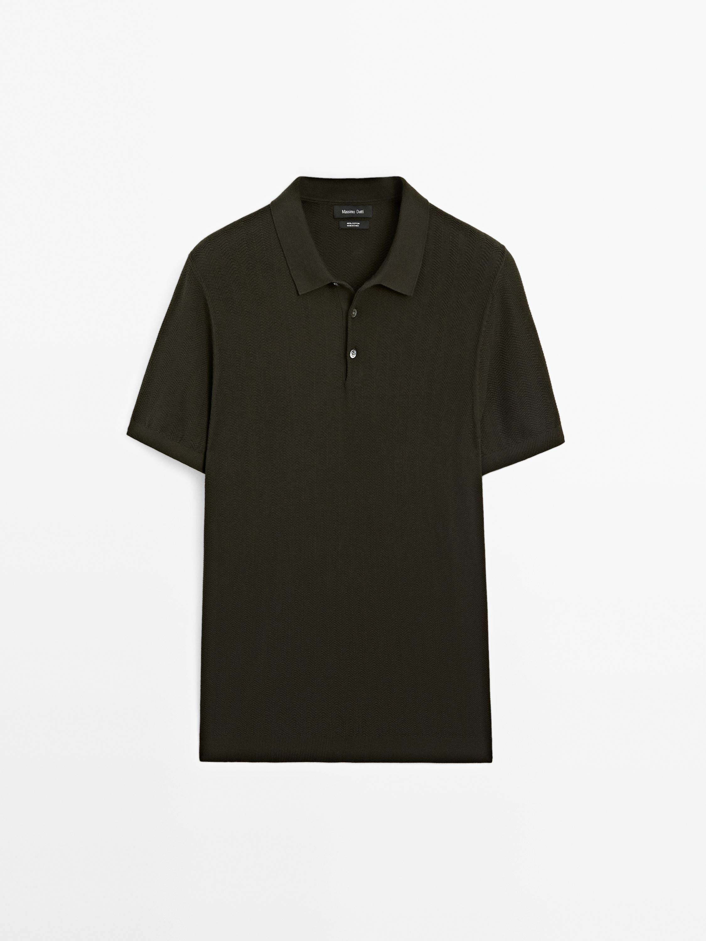 Cotton herringbone knit polo sweater