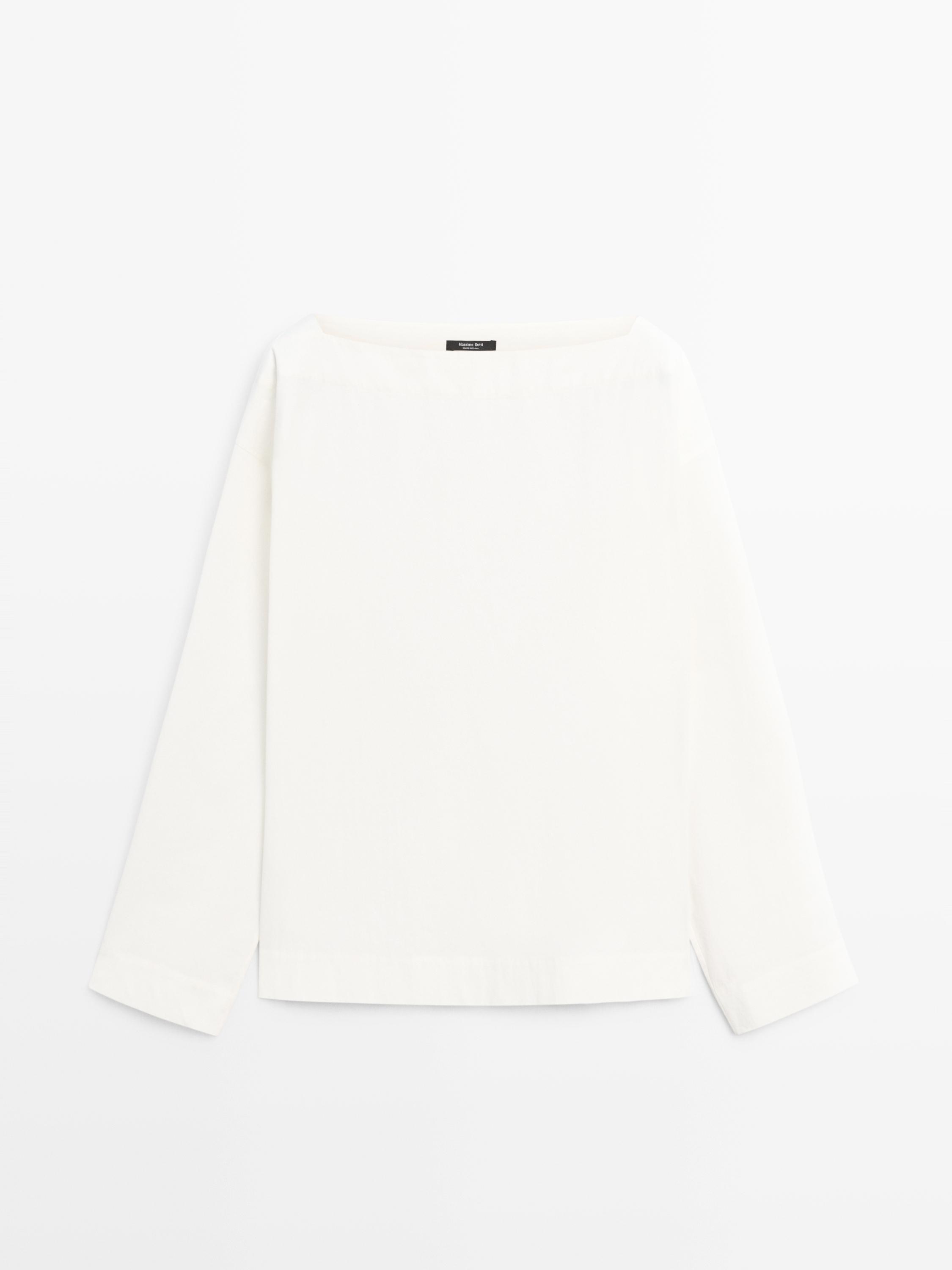 Poplin boat neck blouse — WHITE