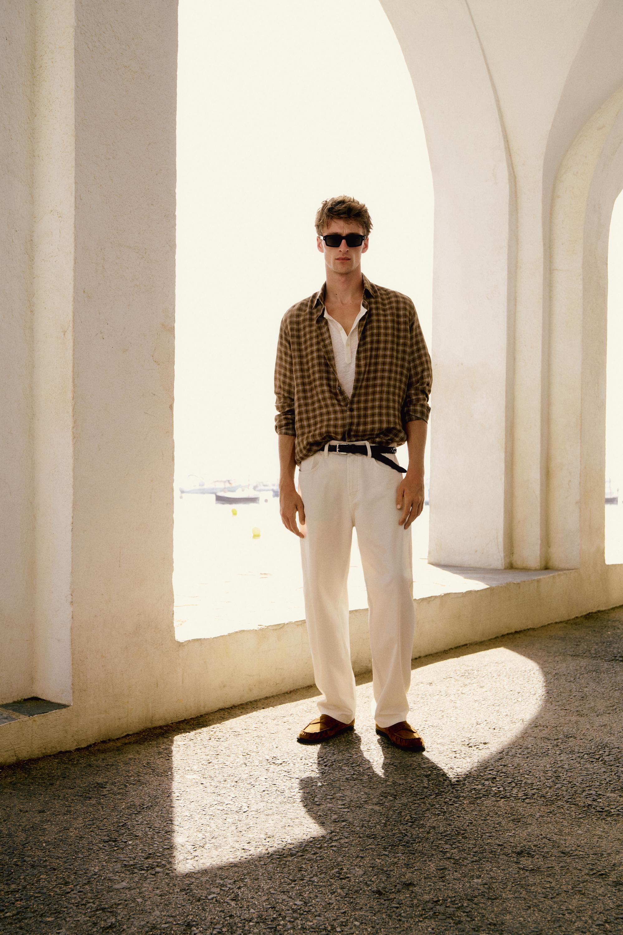 100% linen regular fit check shirt — BROWN MARL
