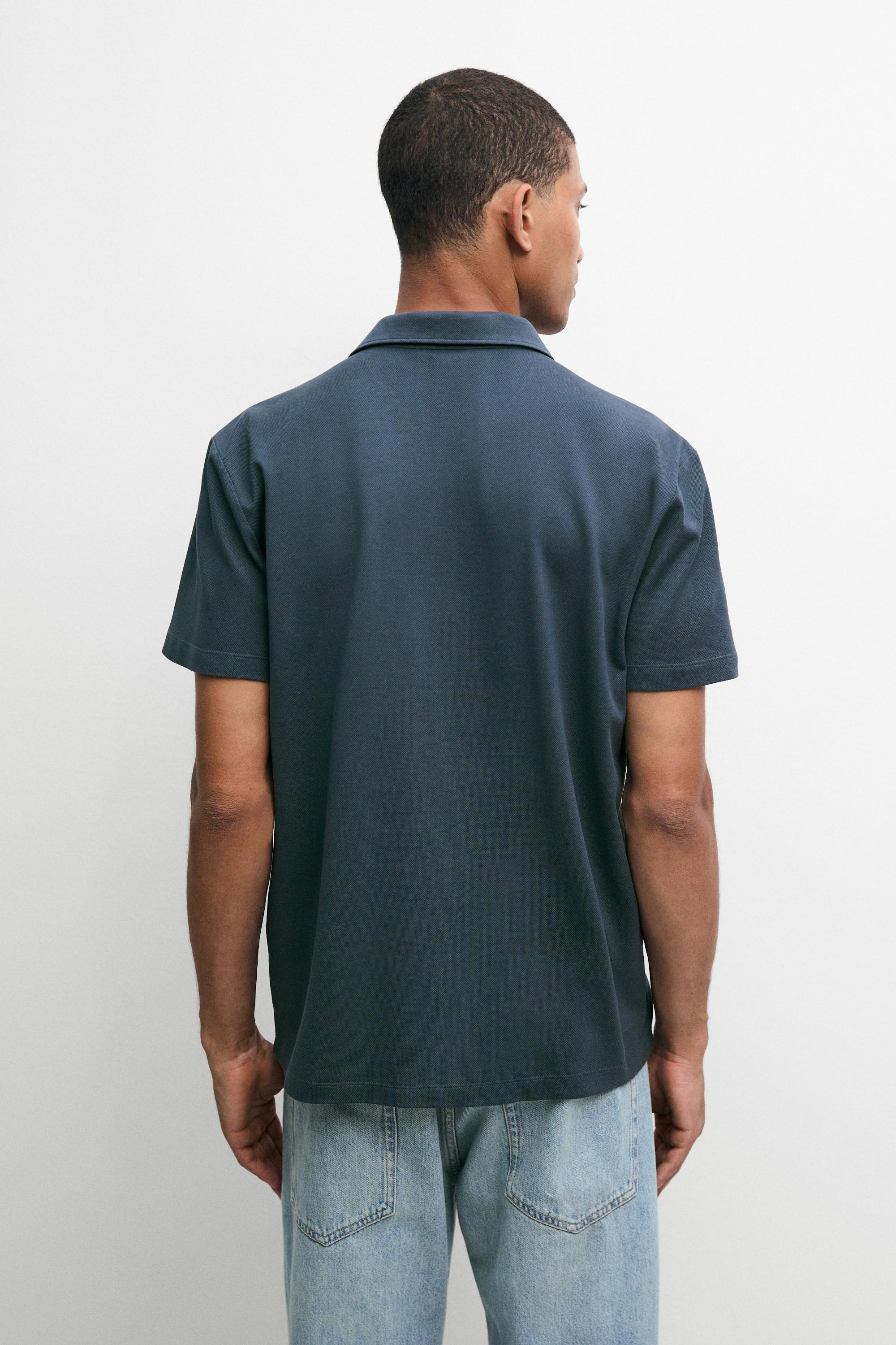 Micro-textured V-neck piqué polo shirt — DARK BLUE