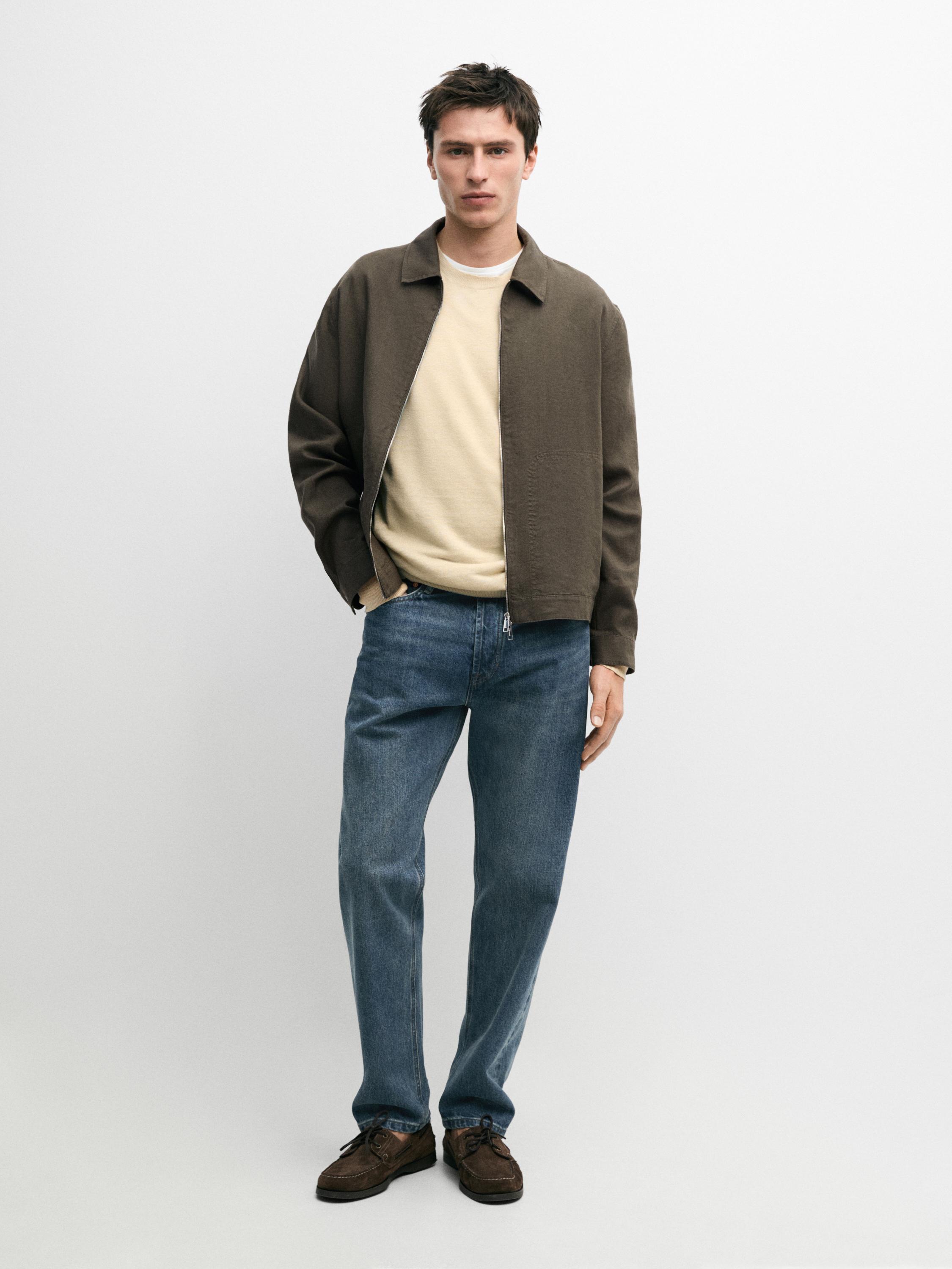 Cropped 100% linen jacket — KHAKI