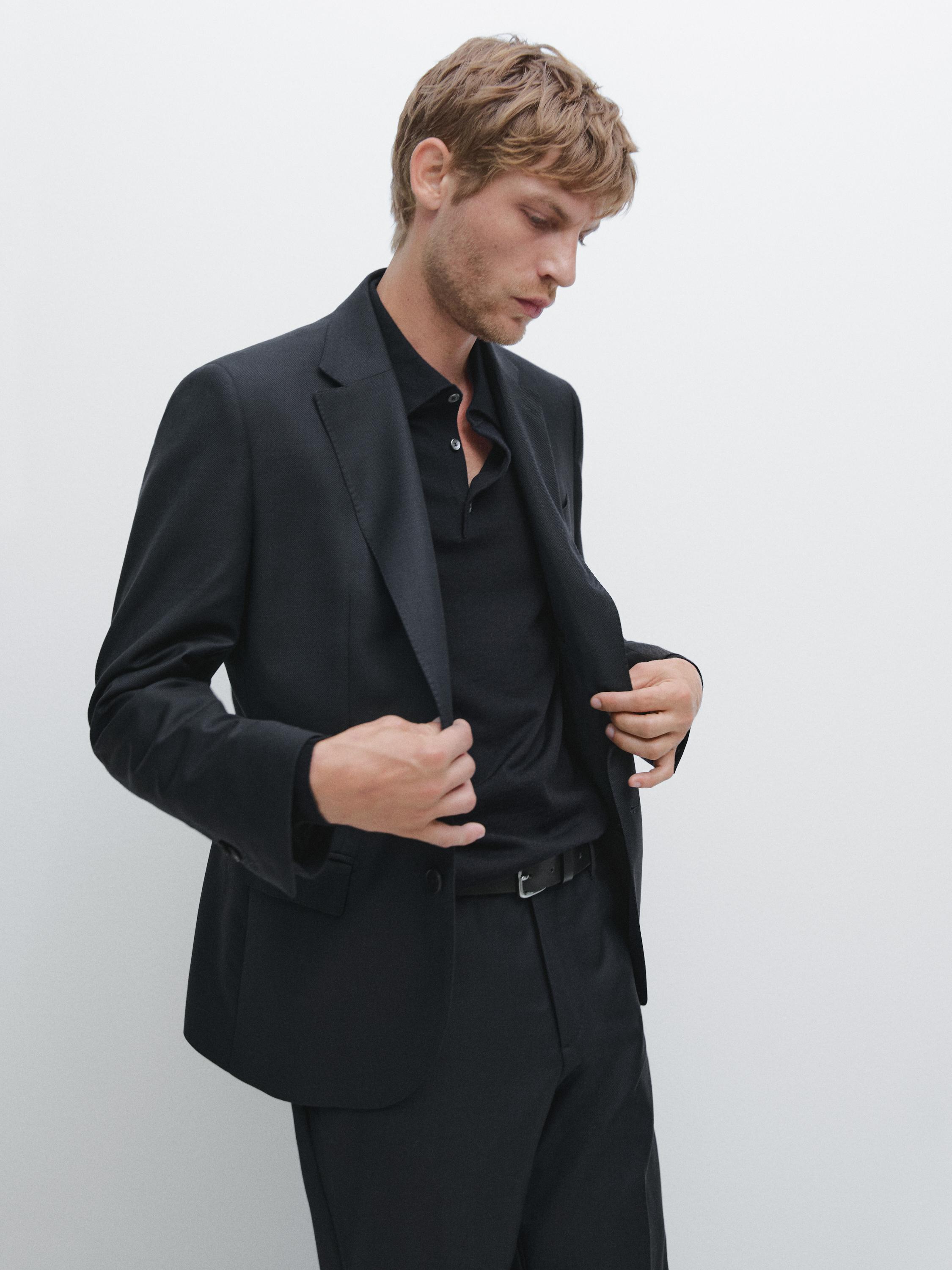 100% cool wool micro-textured suit blazer — NAVY BLUE