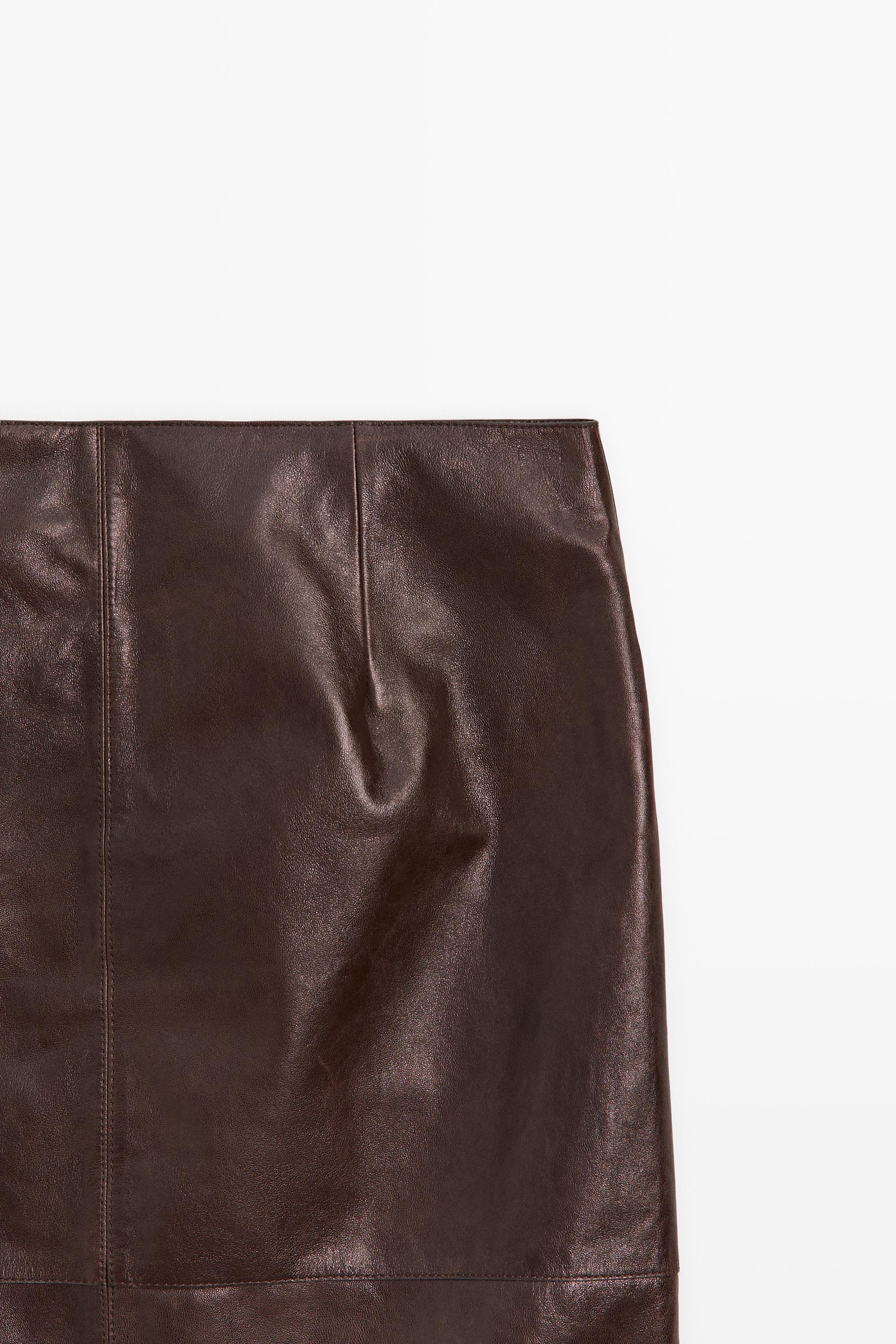 Leather midi skirt with pockets — Chocolate