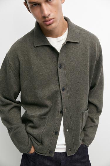Wool blend polo collar cardigan — KHAKI 8