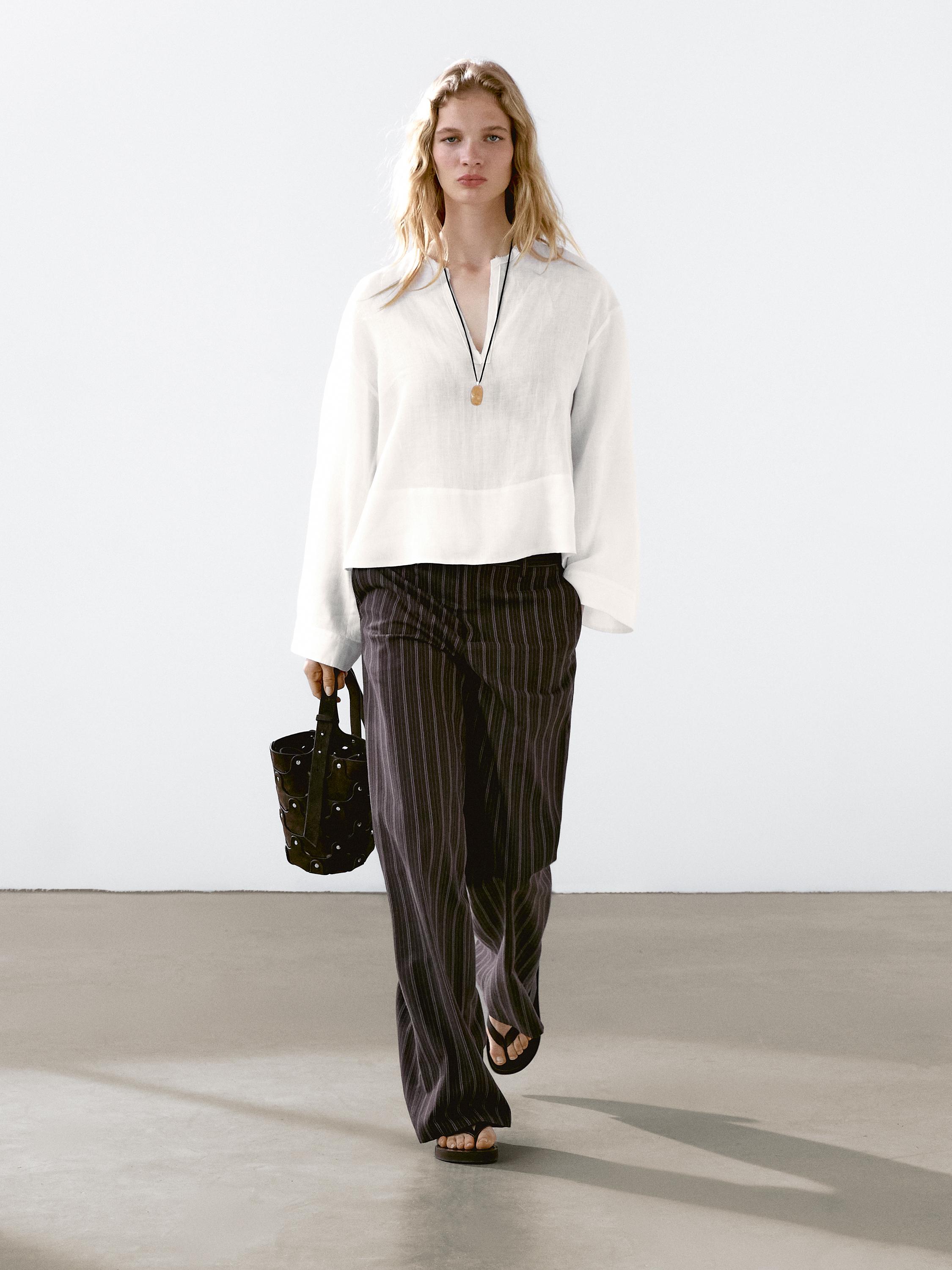 Chemisier à col officier ouvert 100 % lin