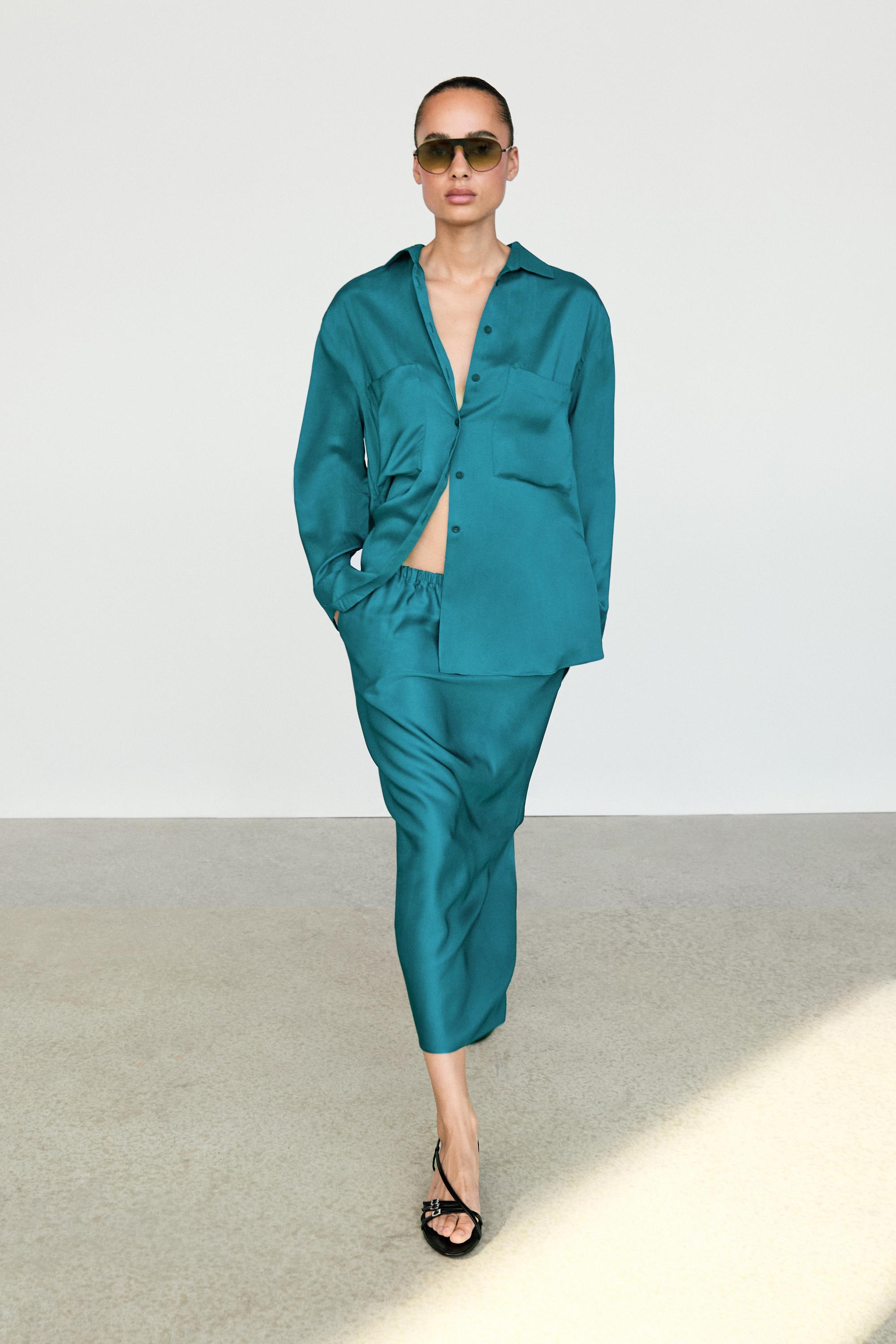 Flowing satin shirt with pockets — GREENISH BLUE