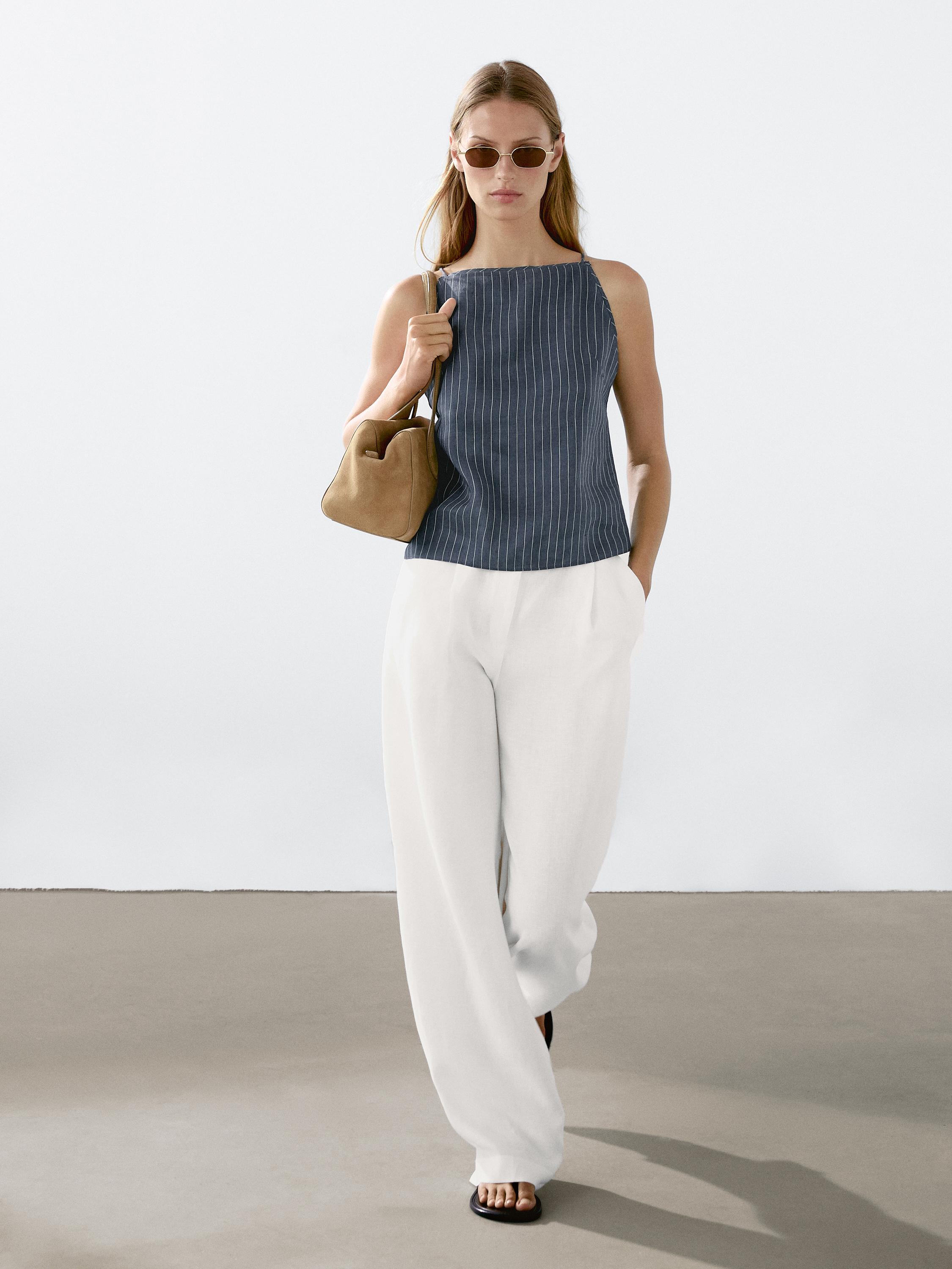 Top z mieszanki lnu w paski z dekoltem halter