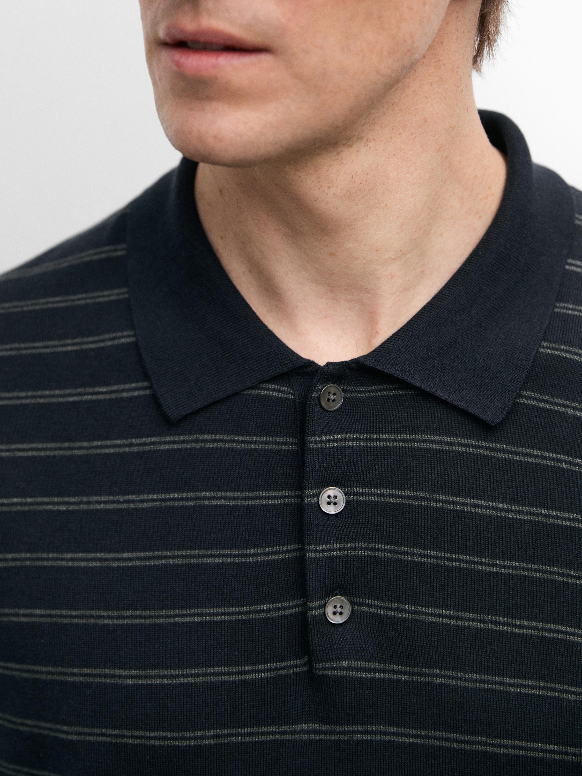Cotton blend knit polo shirt with striped detail — NAVY BLUE