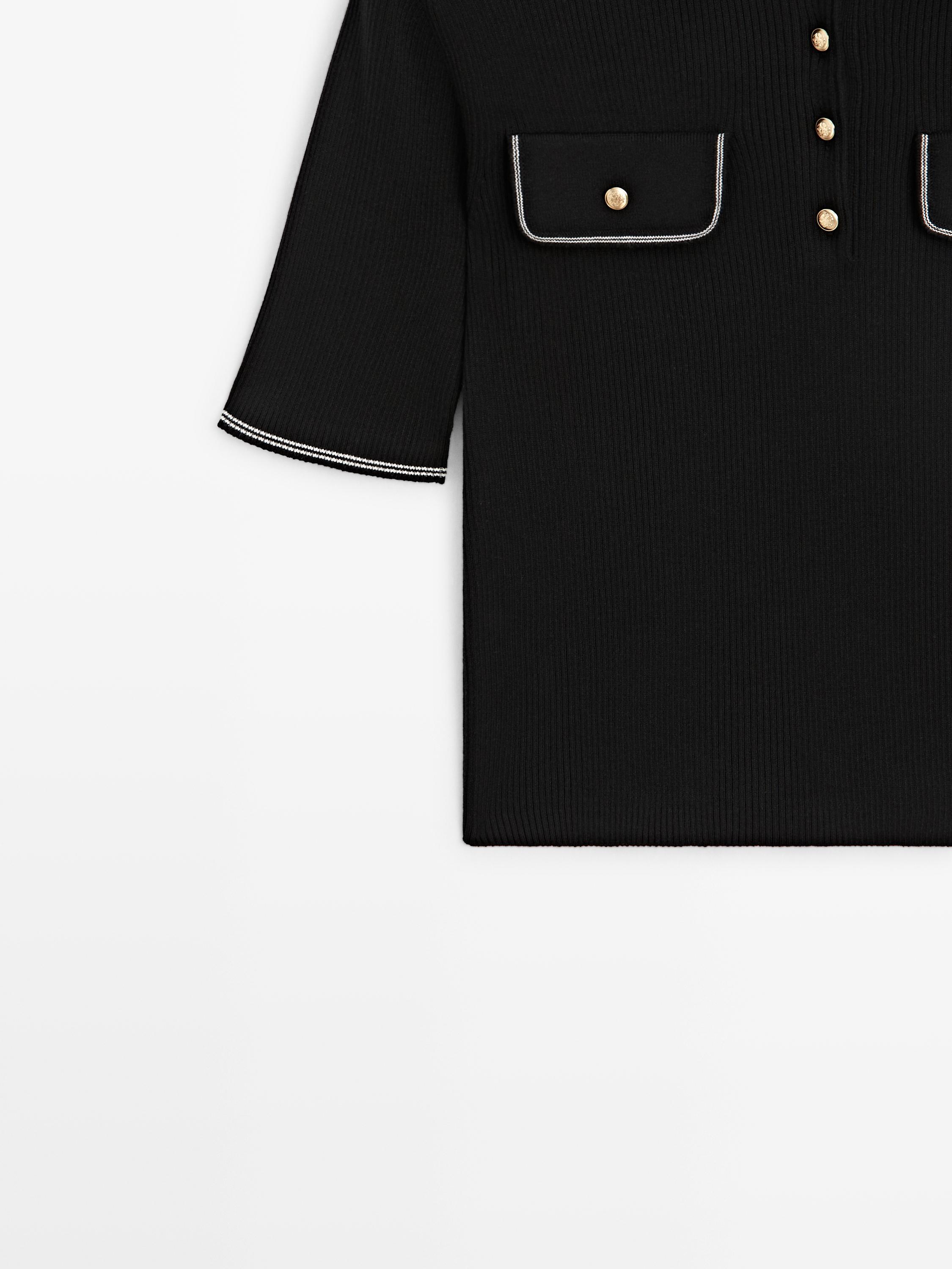 Cotton knit polo shirt with contrast detail — BLACK