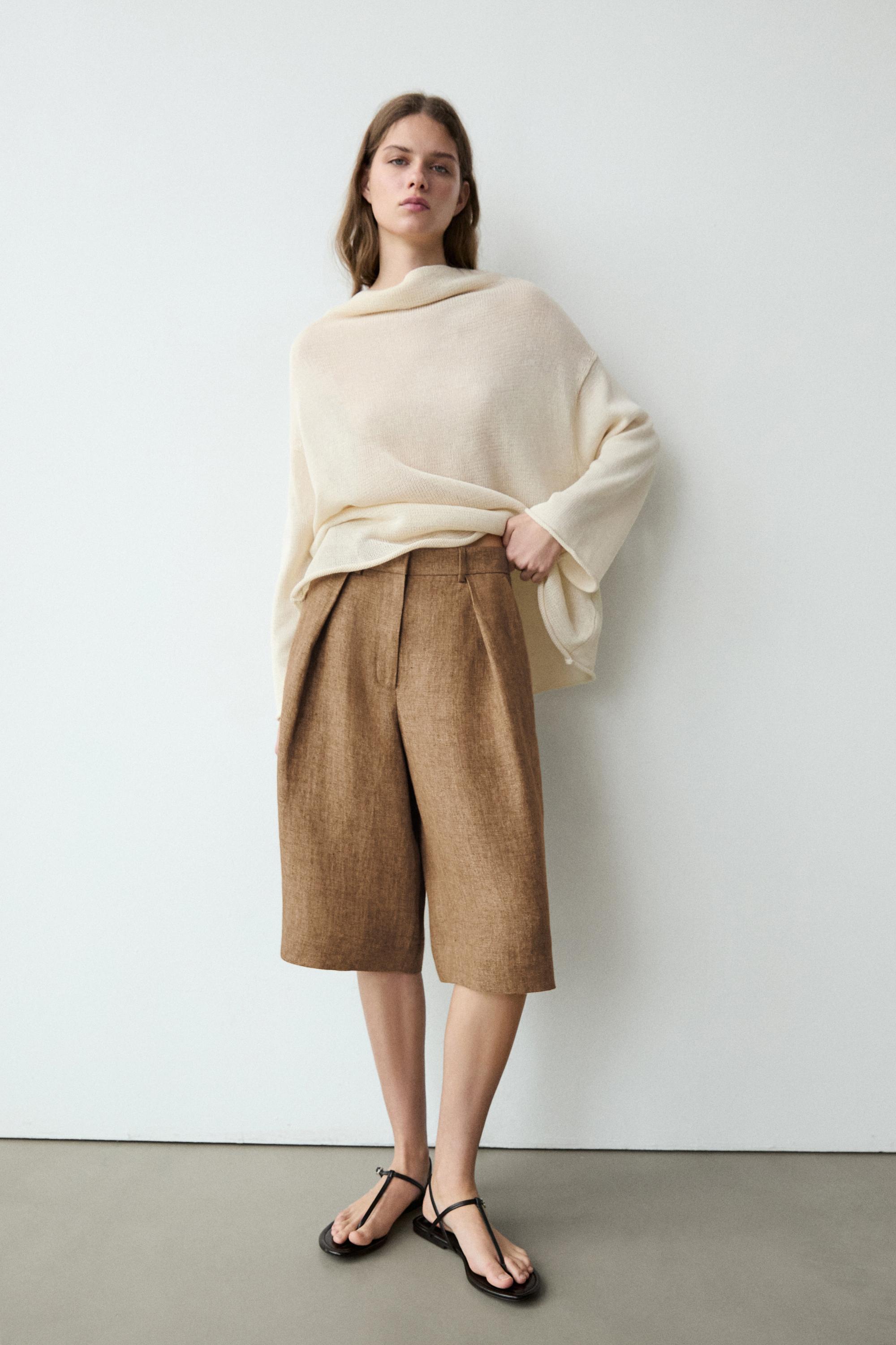 Melange linen suit Bermuda shorts — CAMEL
