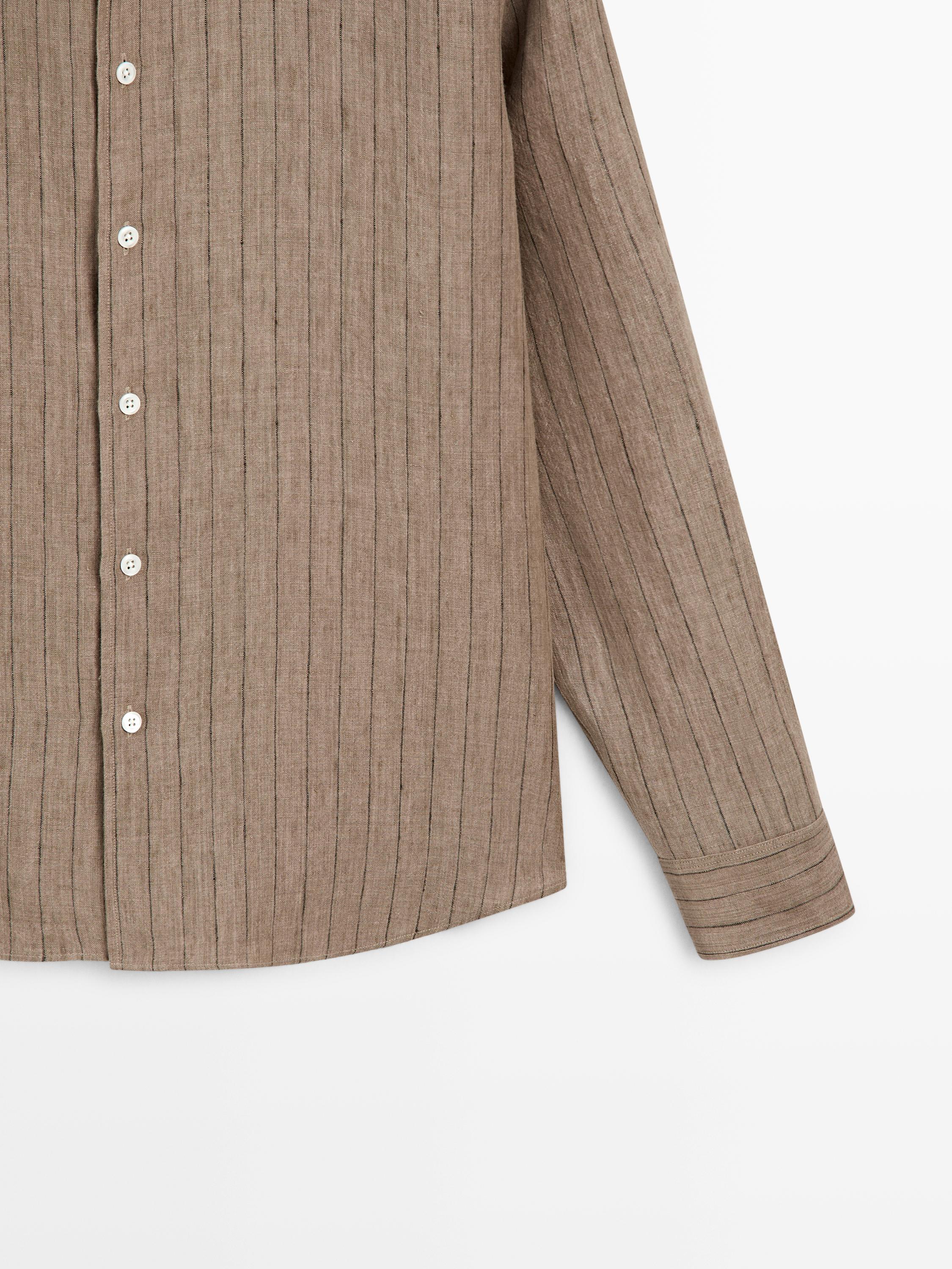 Regular fit 100% linen striped shirt — BEIGE