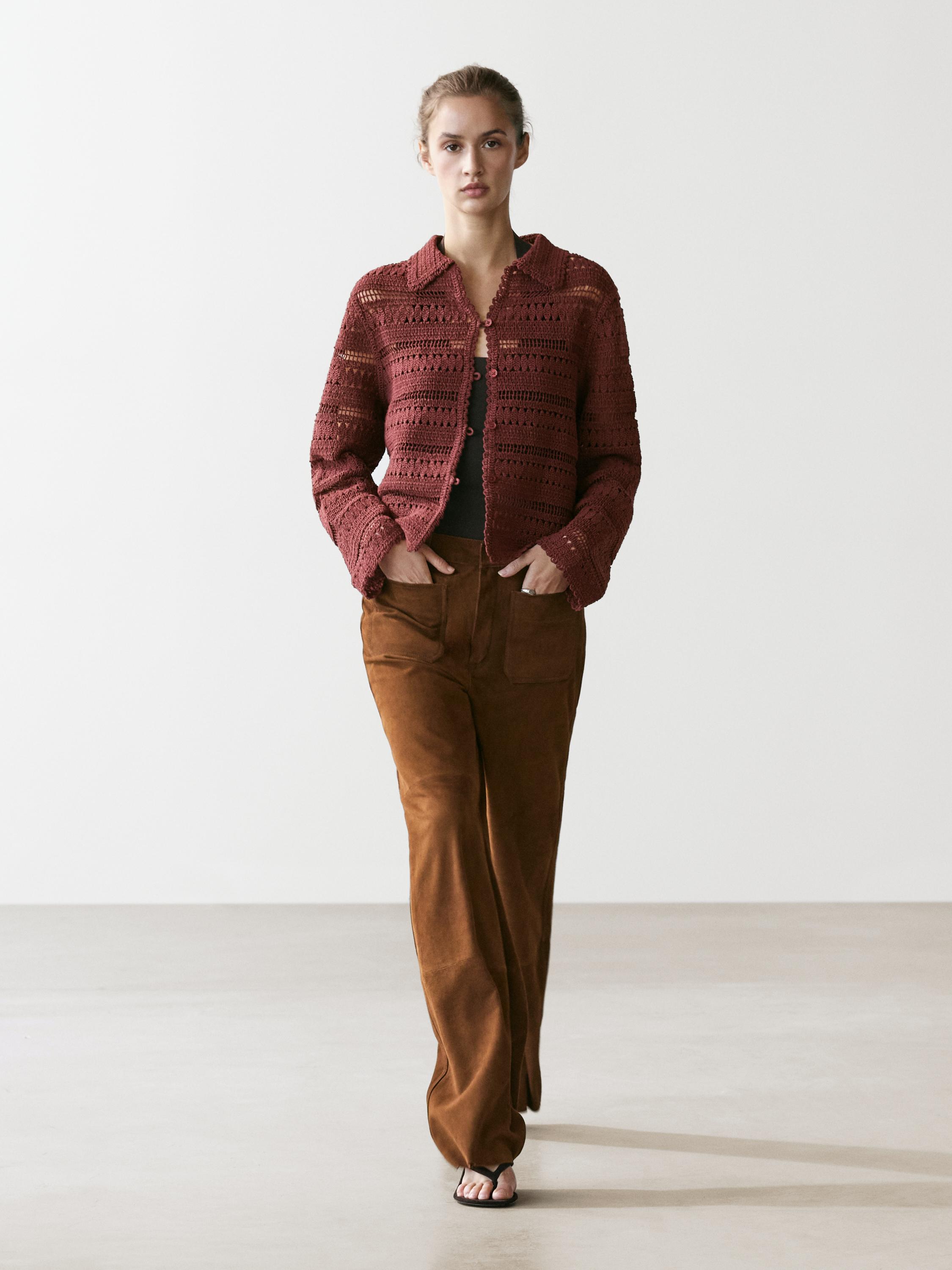 Cropped suede leather trousers with drawstrings — BROWN