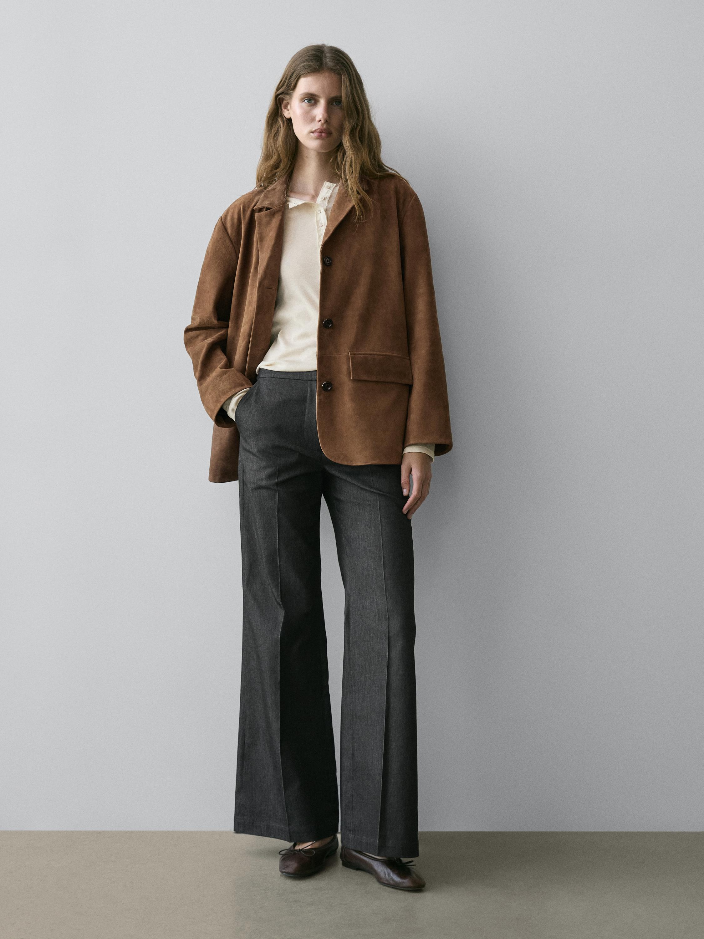 Denim-effect flared trousers — BLACK