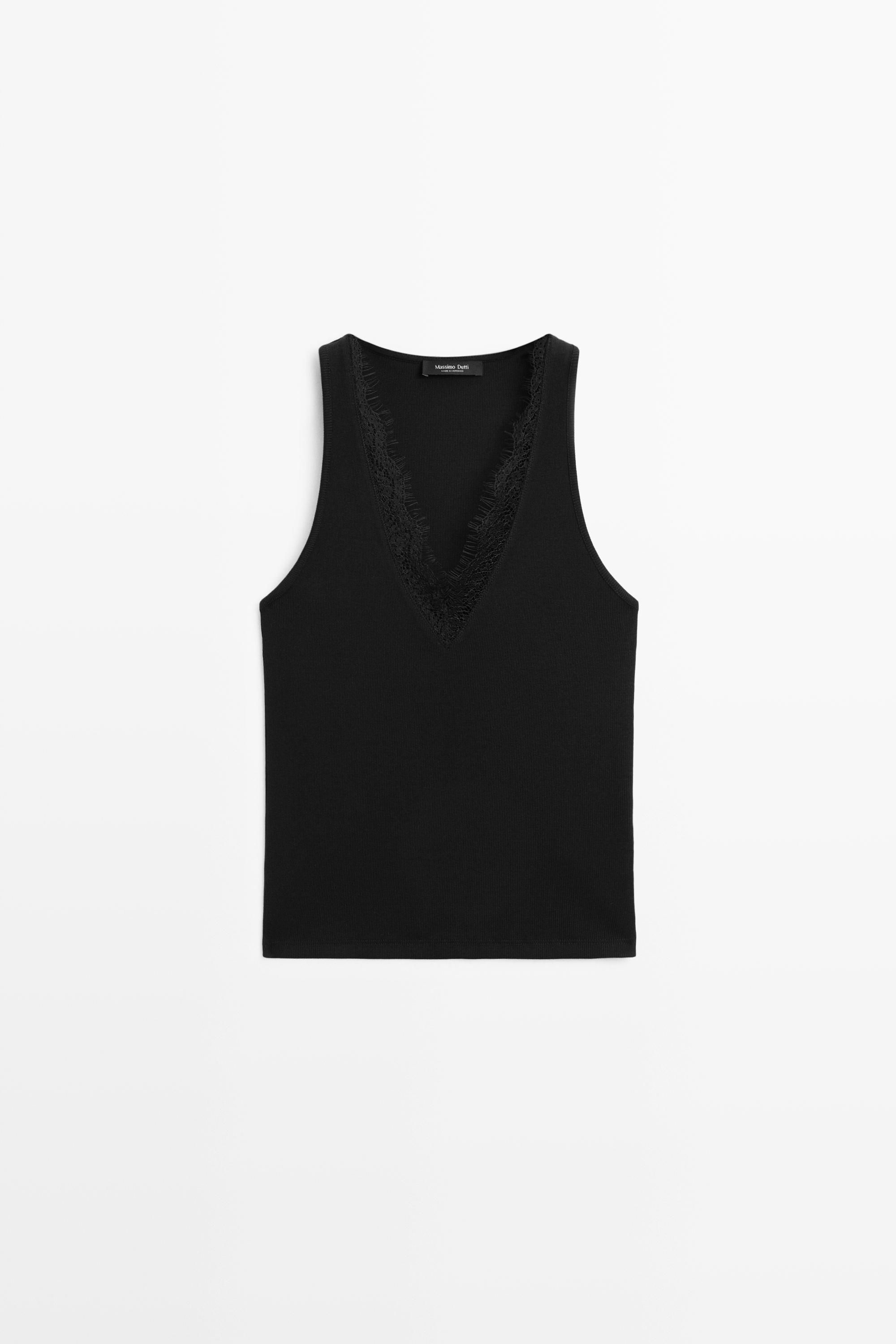 V-neck lace trim camisole top — BLACK