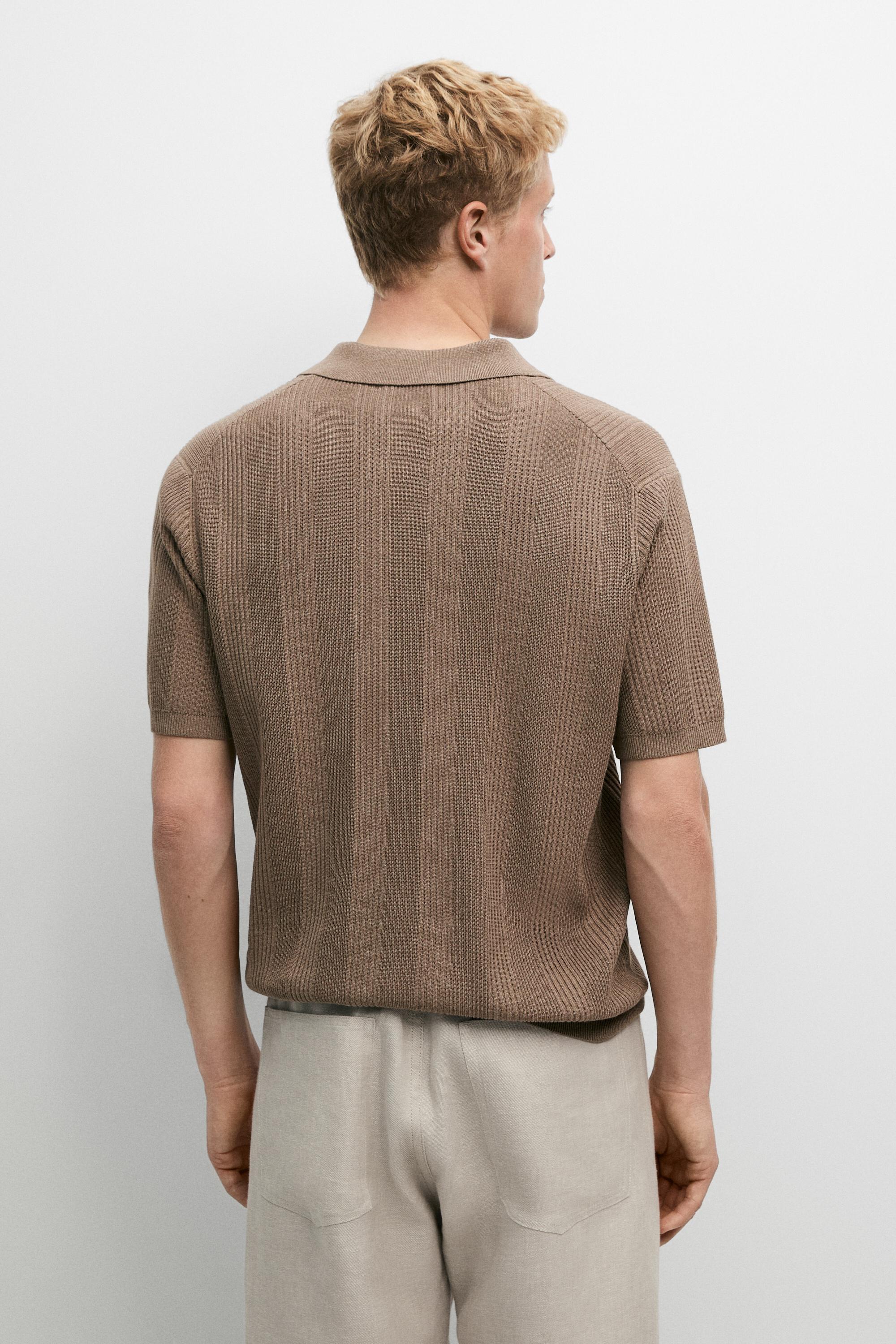 100% cotton textured striped knit polo shirt — PALE KHAKI