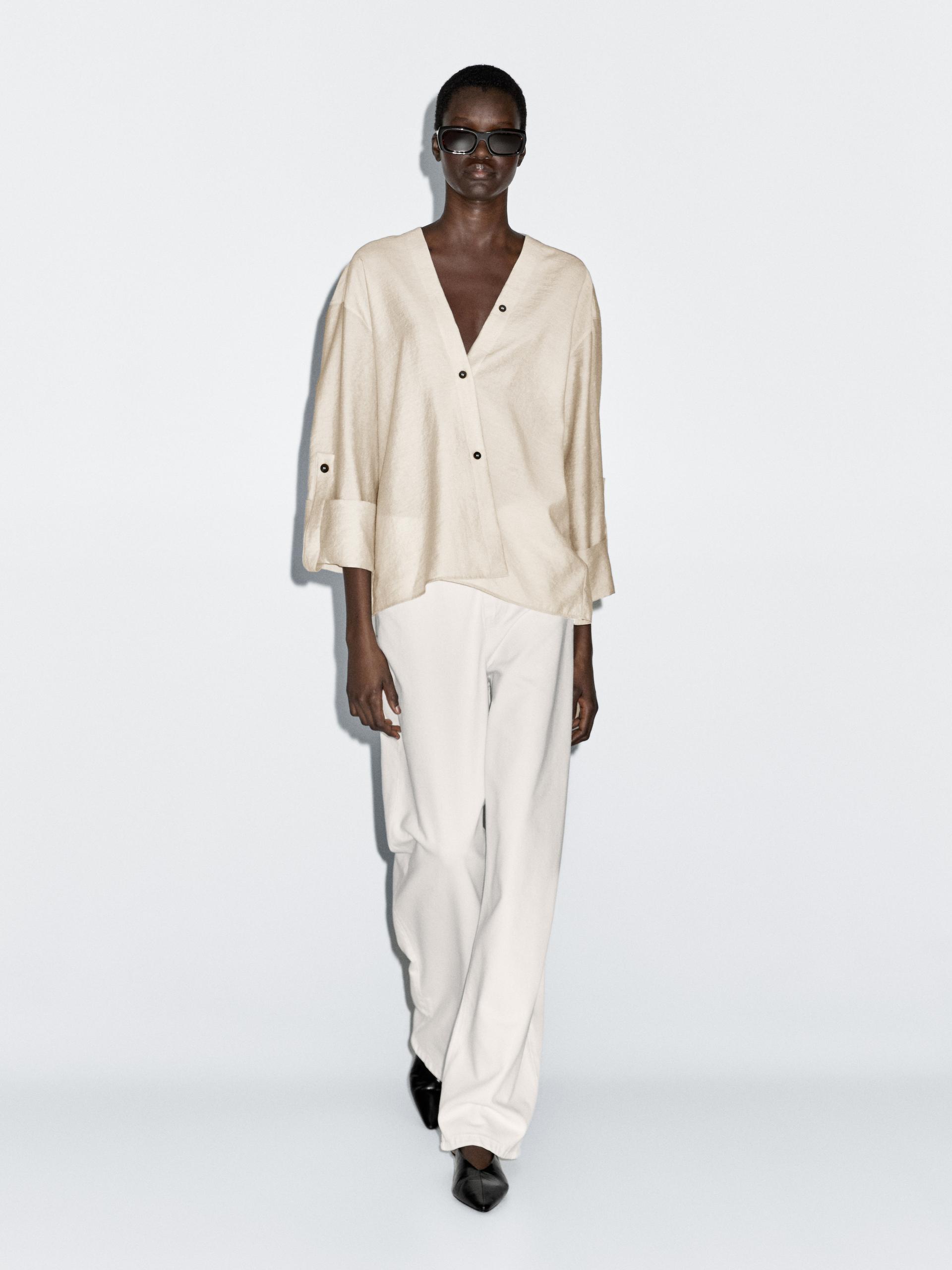 Camicia Con Maniche Roll-Up - Ecru - M - Massimo Dutti - Femminile