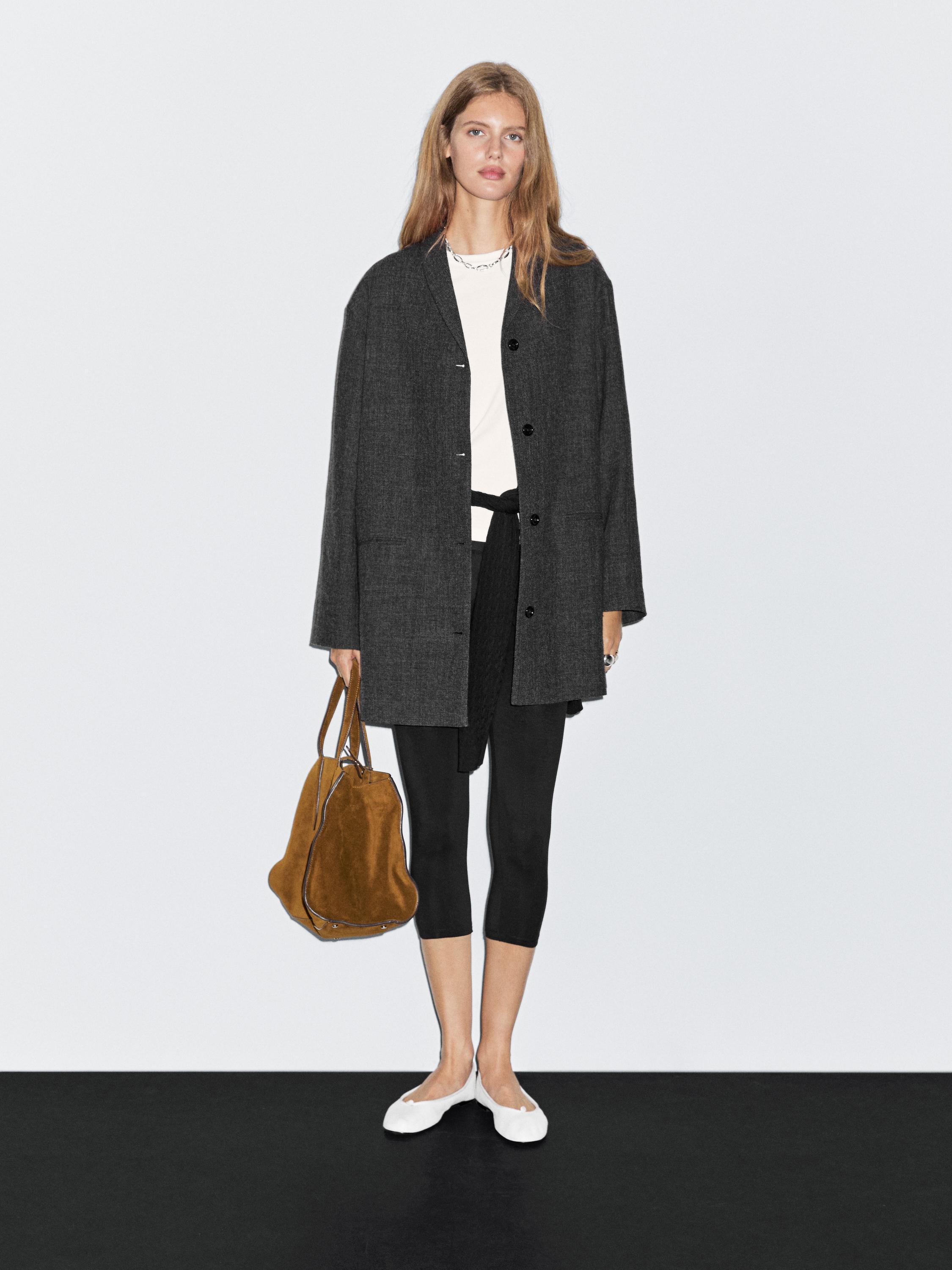Mid-length wool blend coat with lapel collar