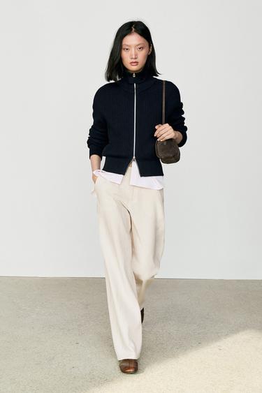 100% cotton knit cardigan with high neck detail — NAVY BLUE 1