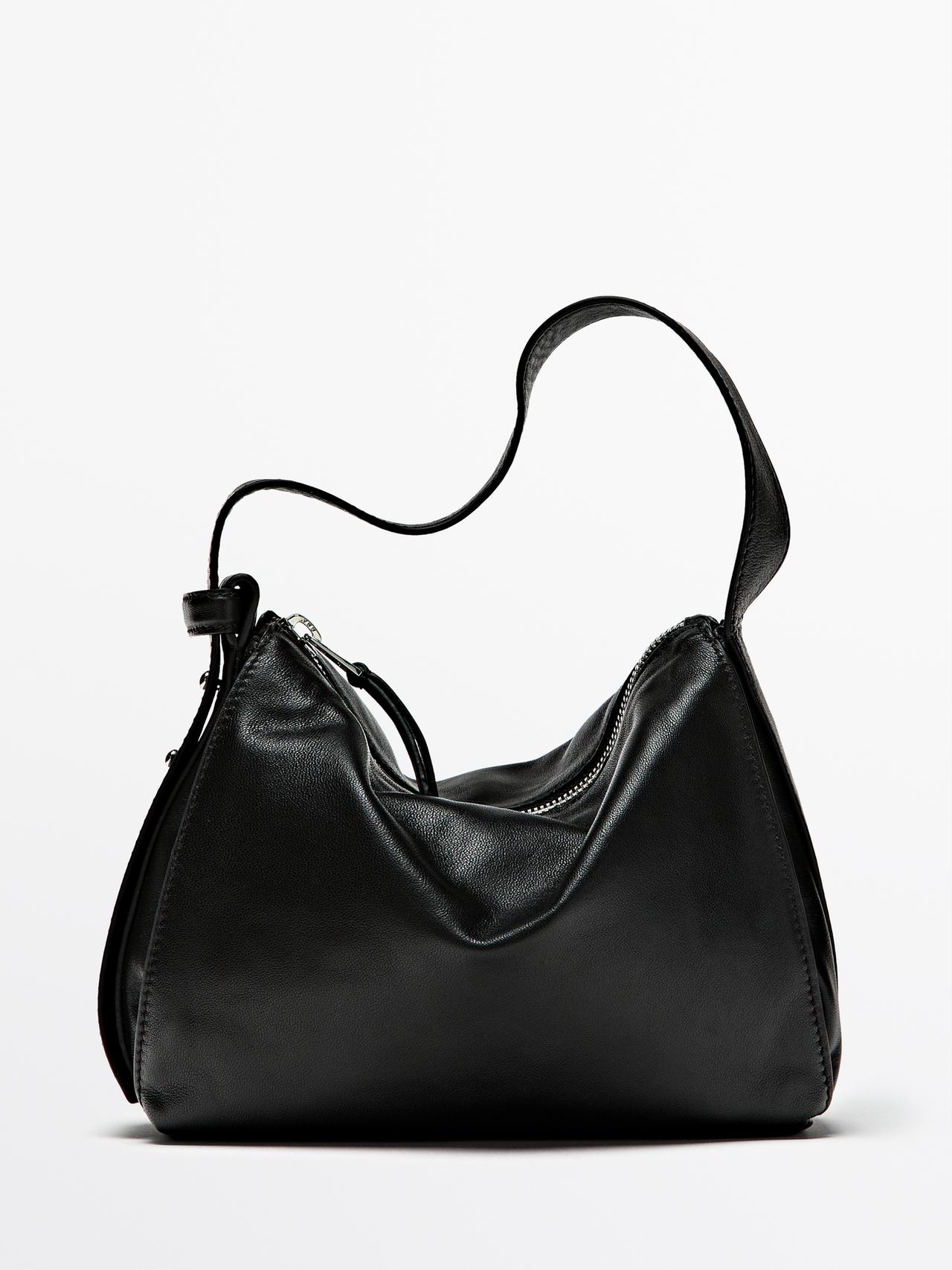 Massimo Dutti - Dames - Kleine Nappaleren Schoudertas - Zwart - 01
