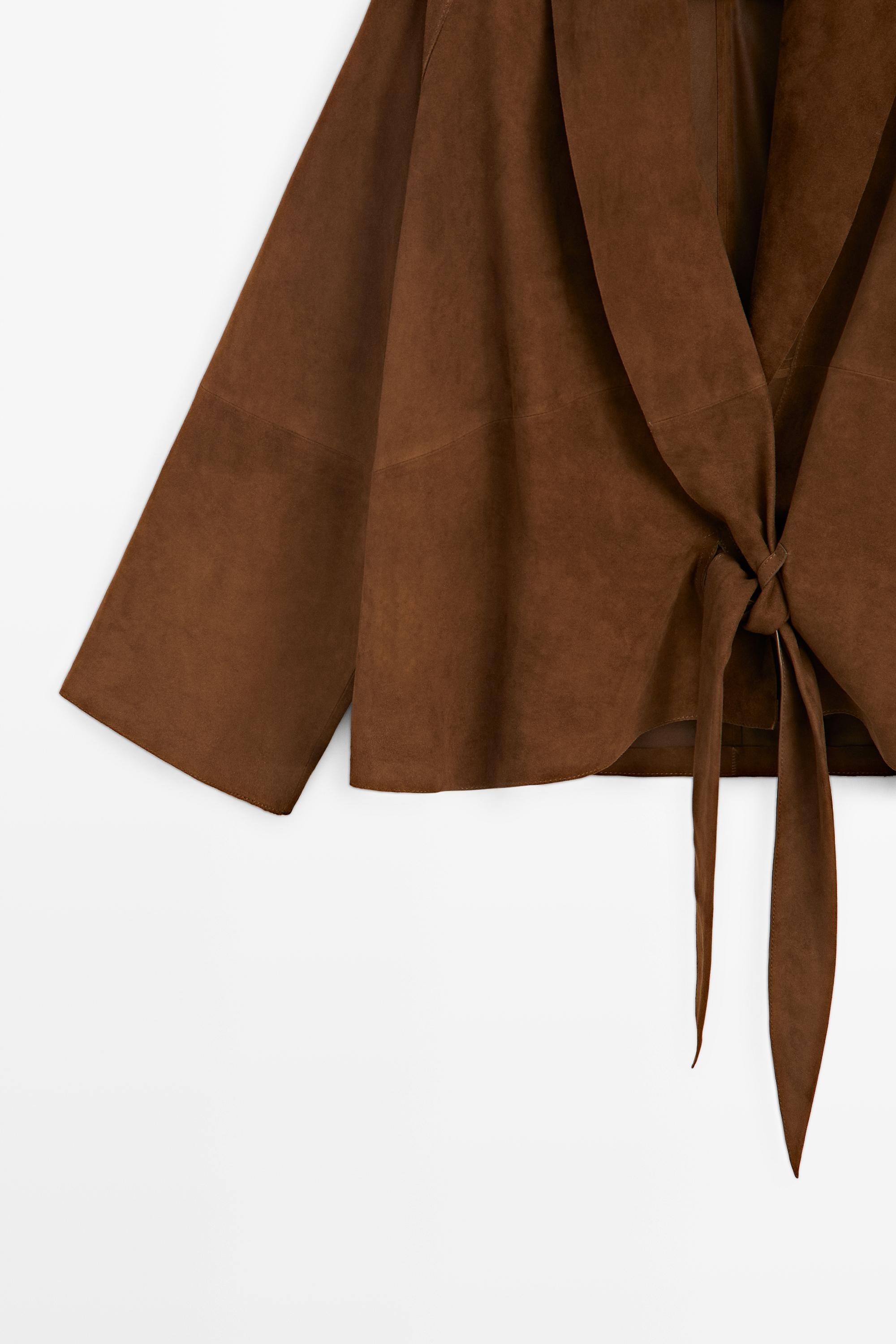 Suede leather wrap kimono — BROWN