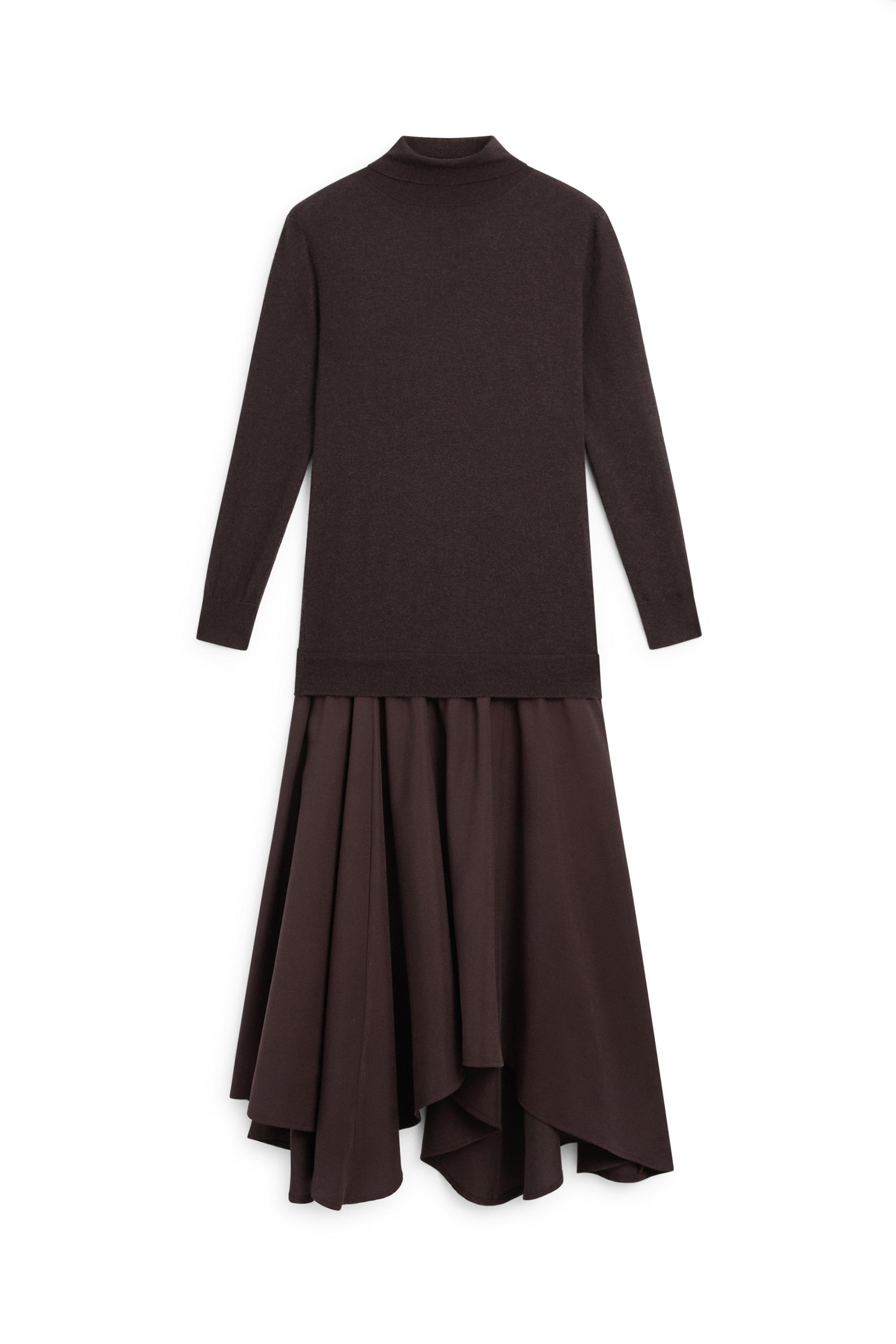 Wool blend knit dress with contrast detail — Chocolate