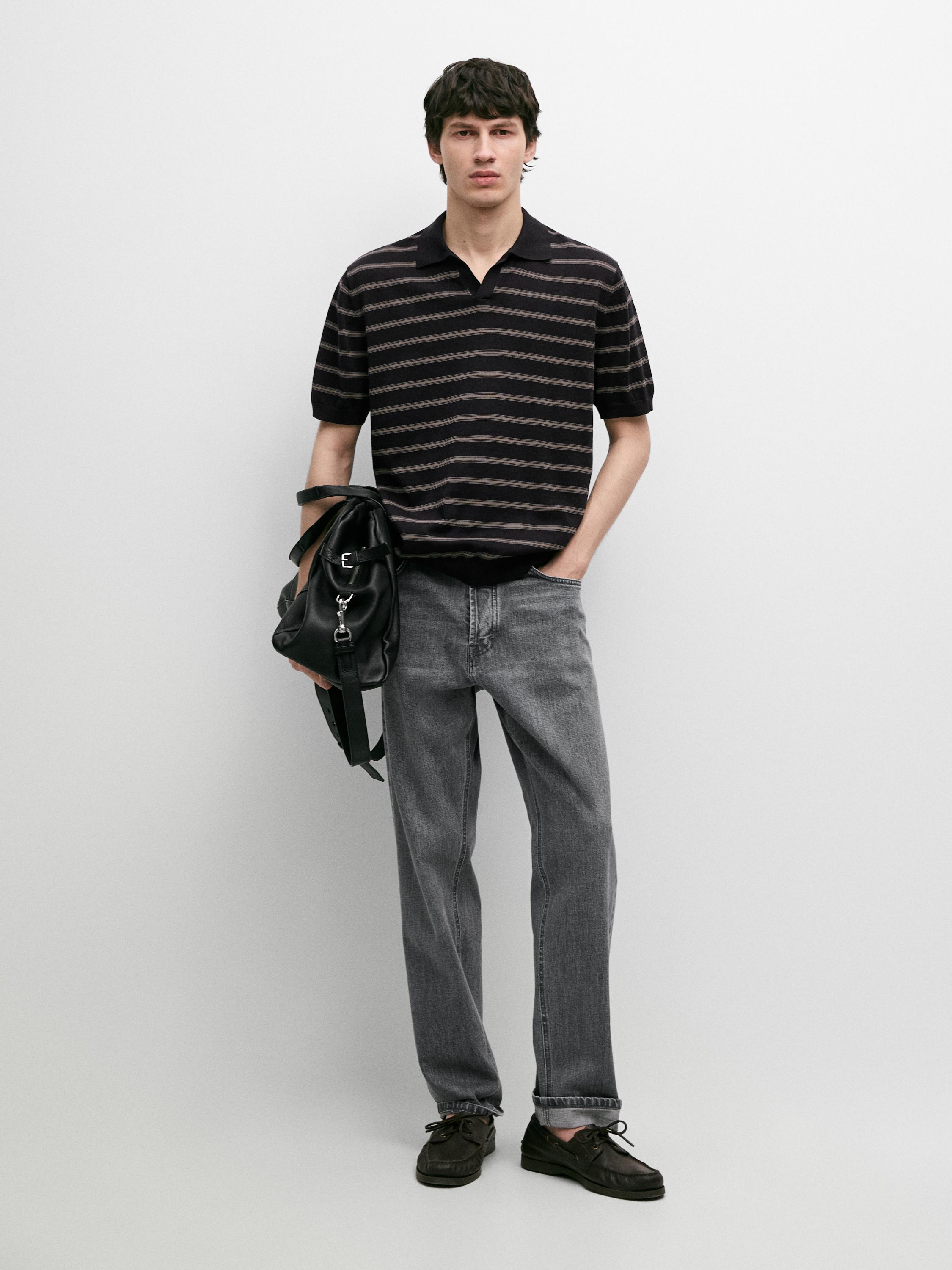 Knit polo sweater with contrast stripes