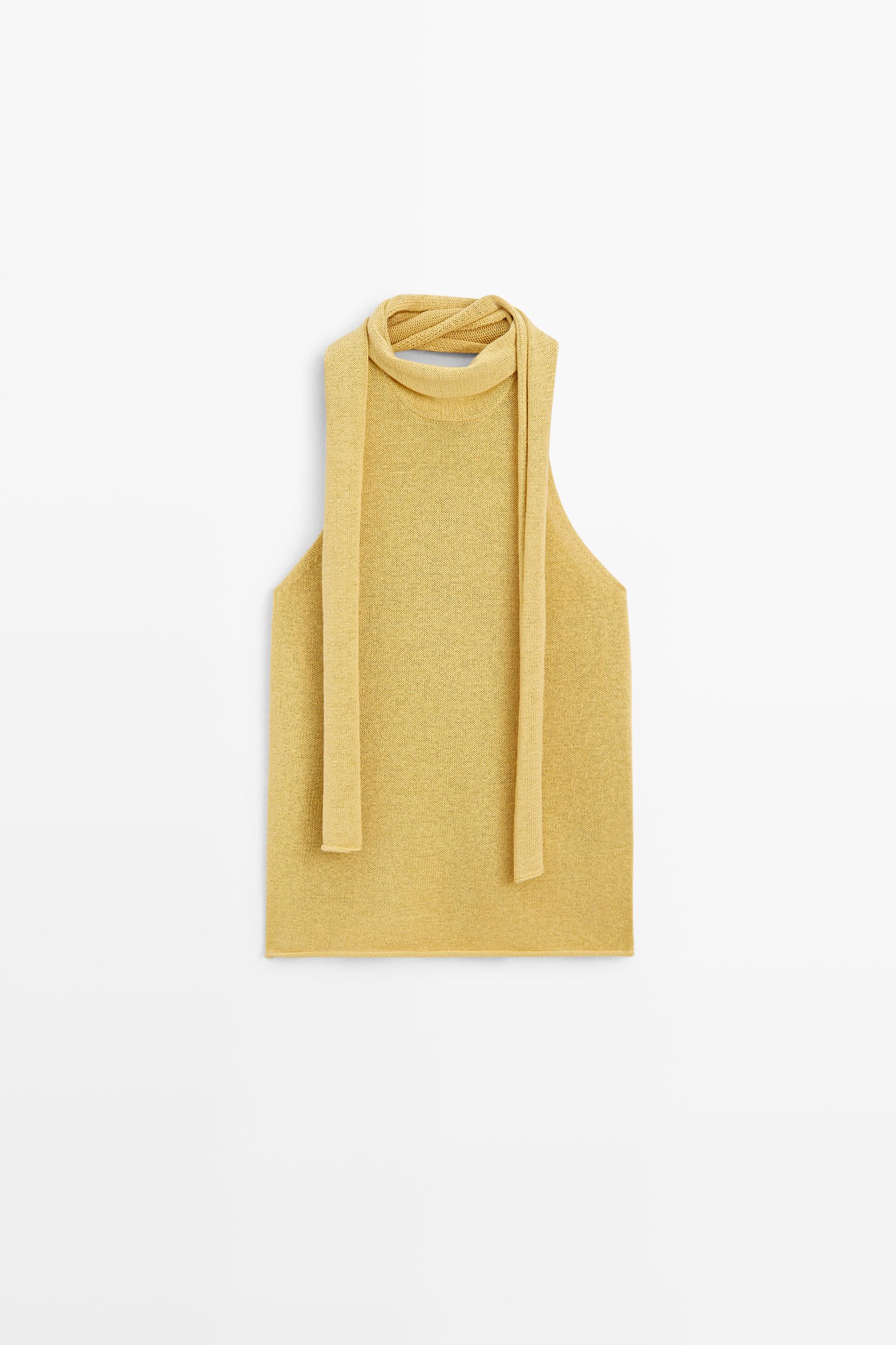 Linen blend halter top with tie detail — LIME