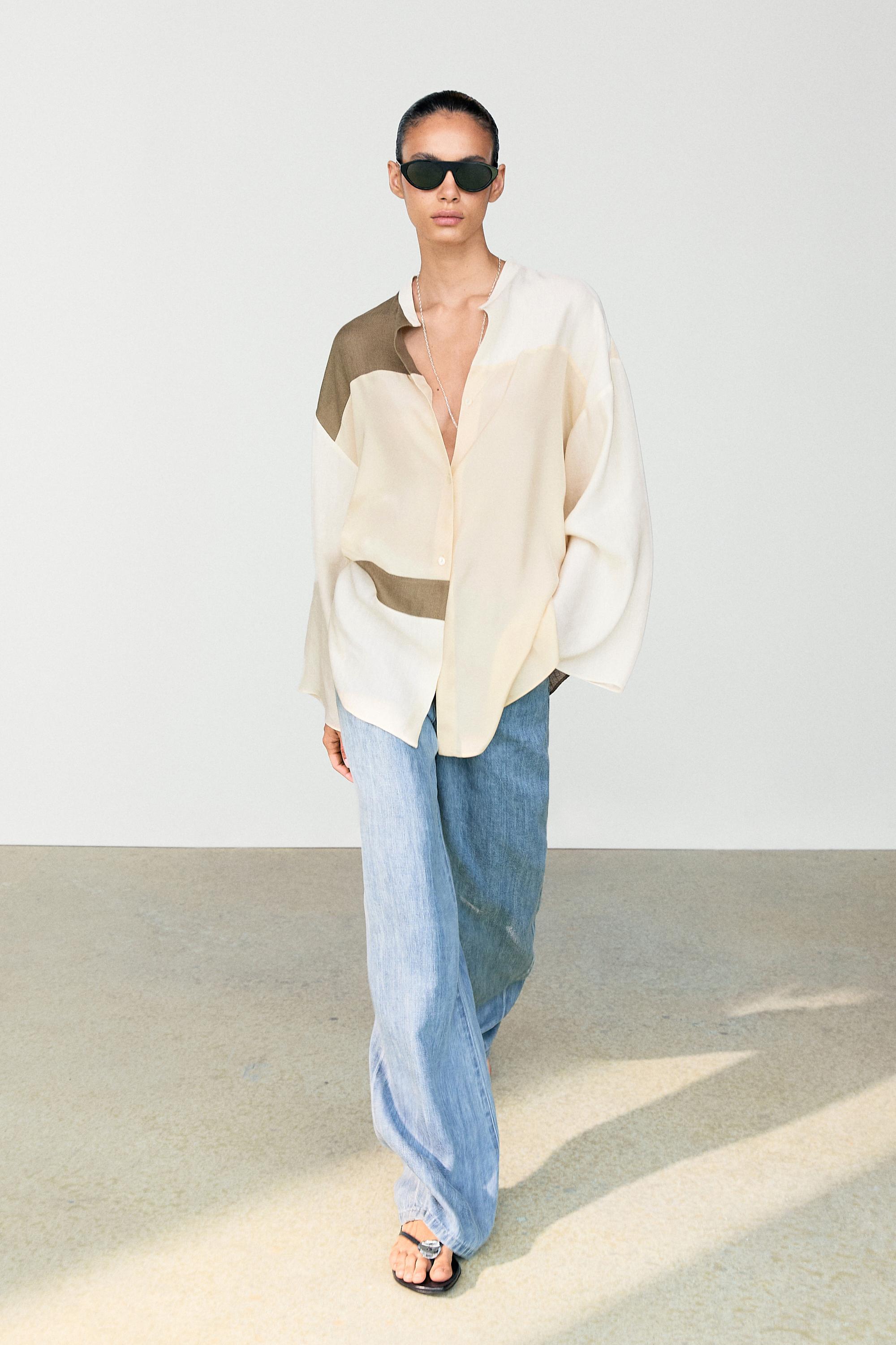 Flowing patchwork shirt with stand-up collar — CREAM