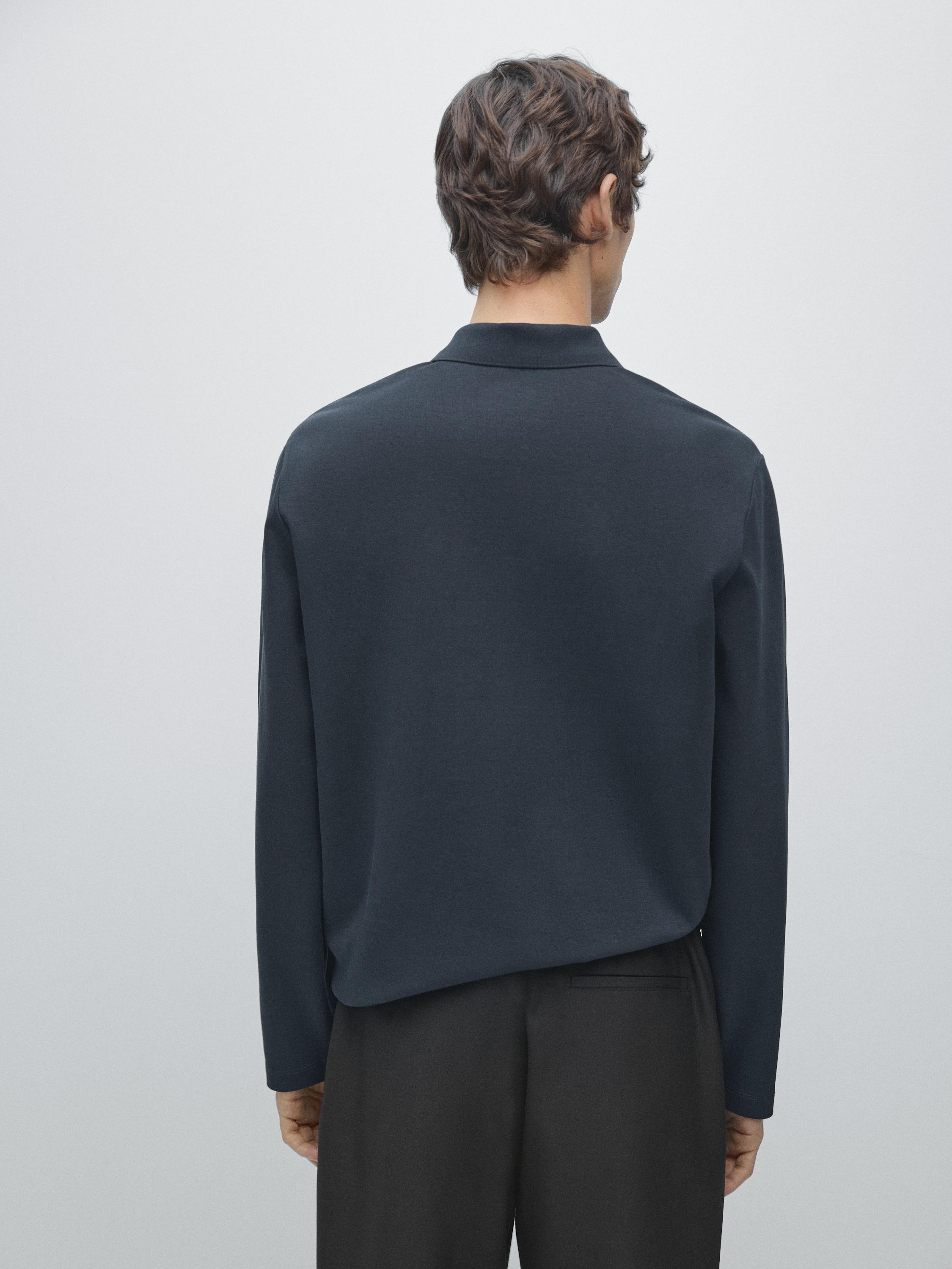 Long sleeve polo shirt with ribbed detail — NAVY BLUE