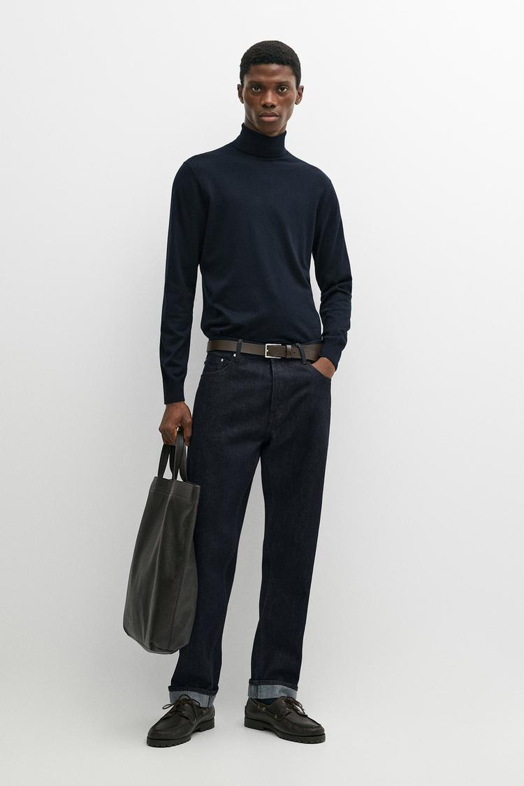 Cotton blend high neck knit sweater — NAVY BLUE