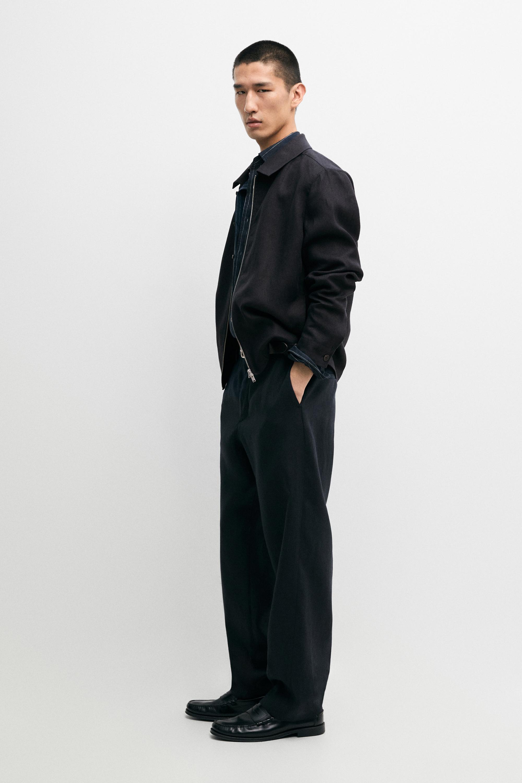 Cropped linen jacket — NAVY BLUE