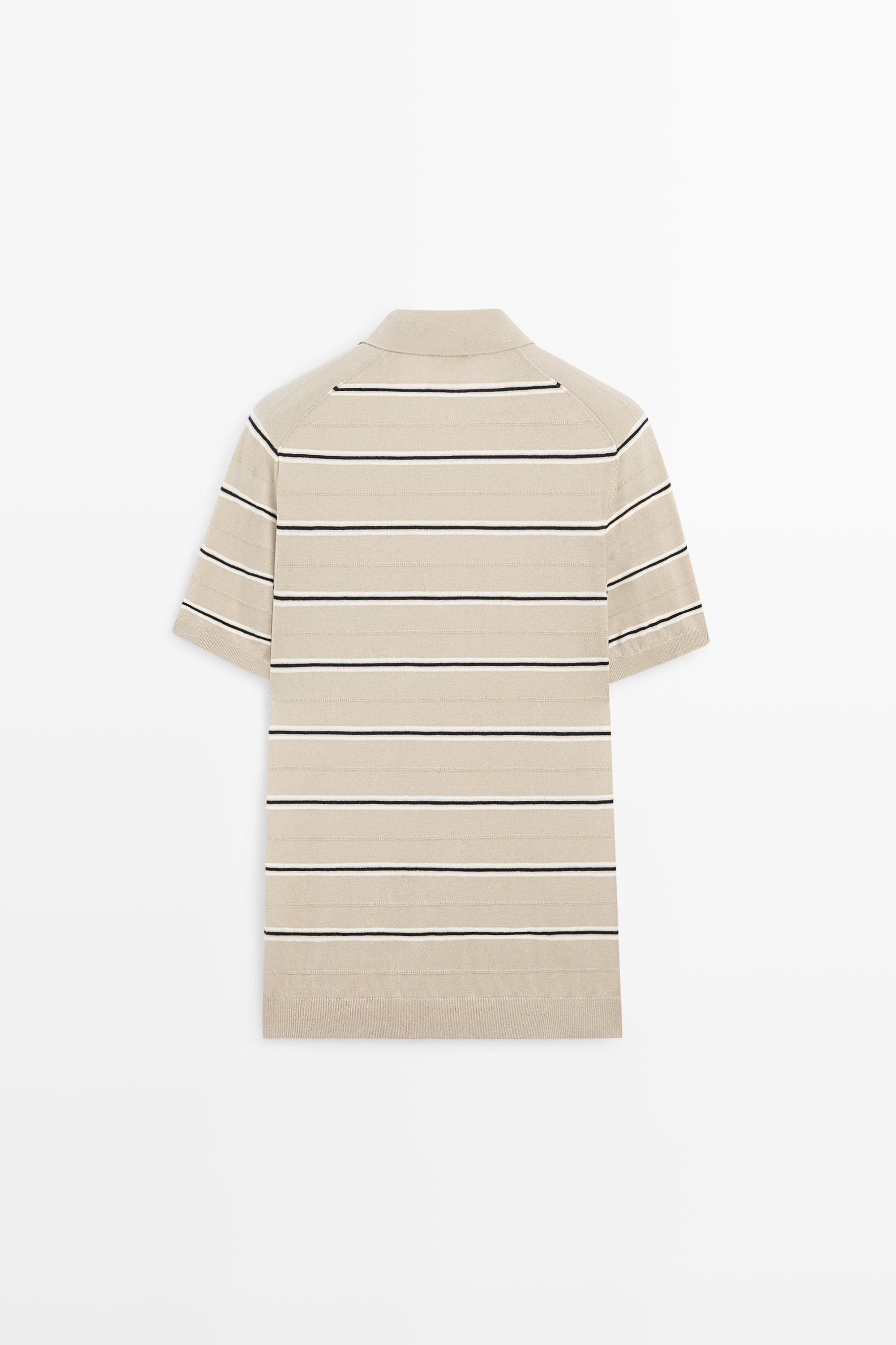 100% Cotton Striped Knit Polo Shirt — STONE