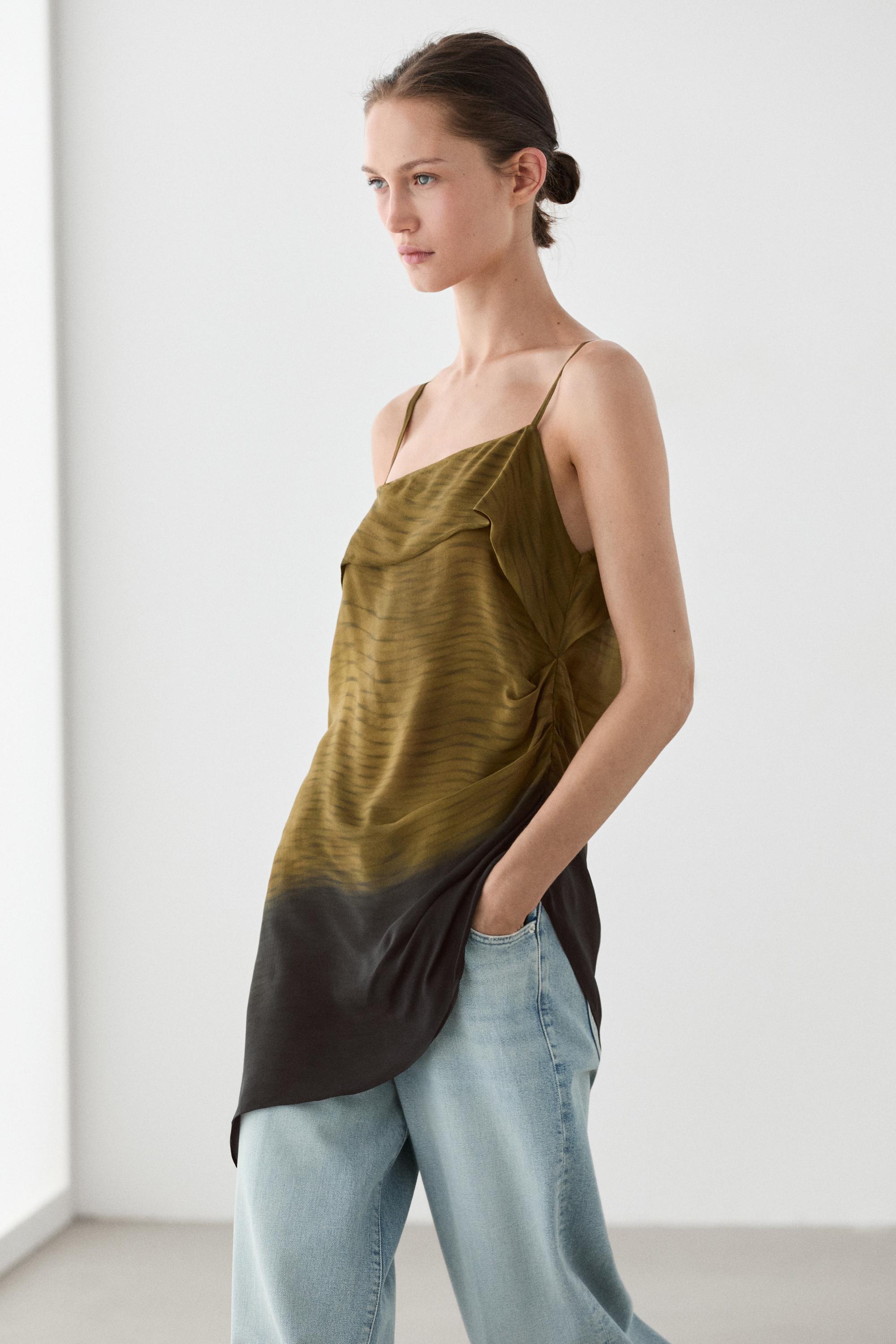Asymmetric strappy top with draped detail — KHAKI GREEN