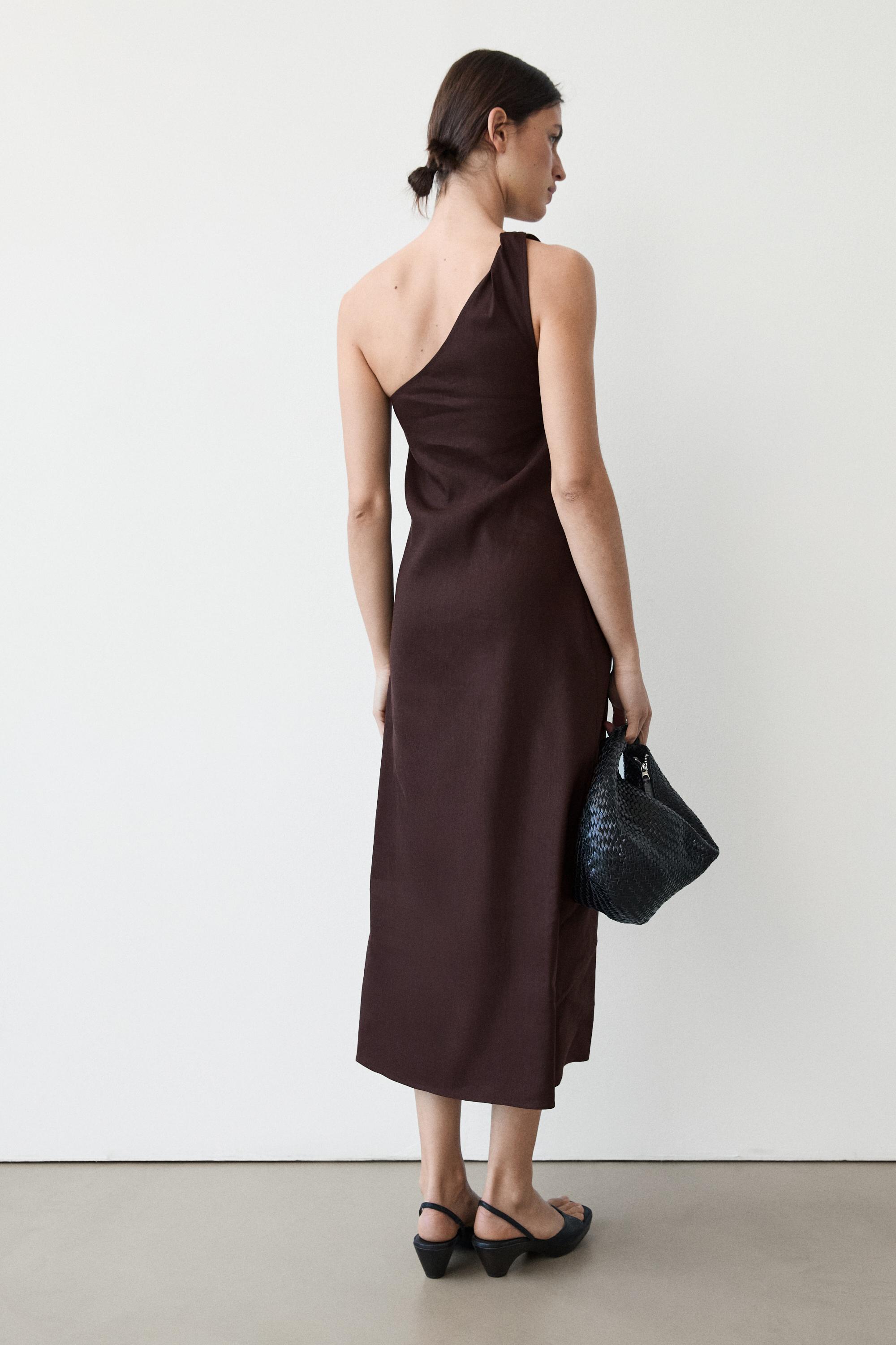 Asymmetric linen blend dress — BROWN