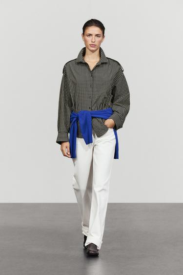 100% cotton check shirt with shoulder detail — DARK BLUE 1
