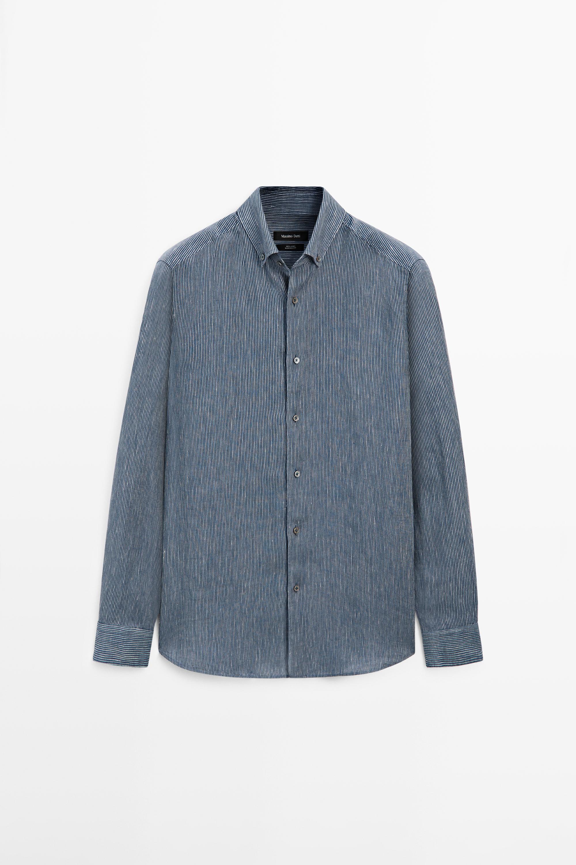 100% linen pinstriped regular fit shirt — NAVY BLUE