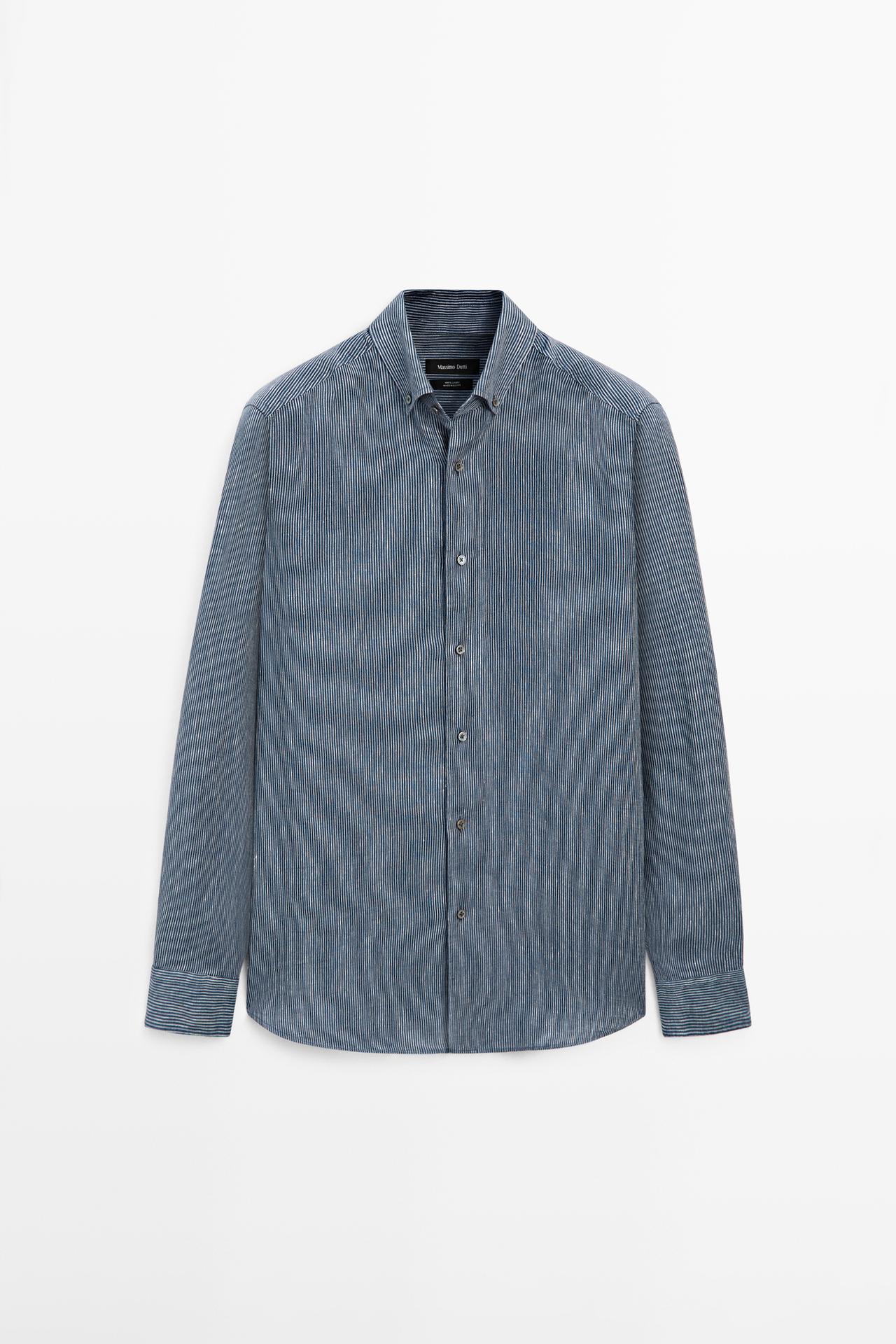 100% linen pinstriped regular fit shirt — NAVY BLUE