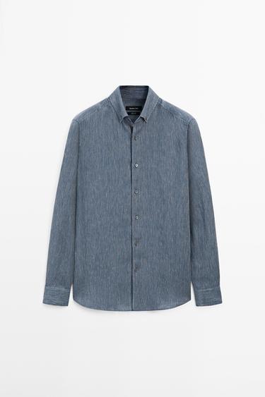 100% linen pinstriped regular fit shirt — NAVY BLUE 2