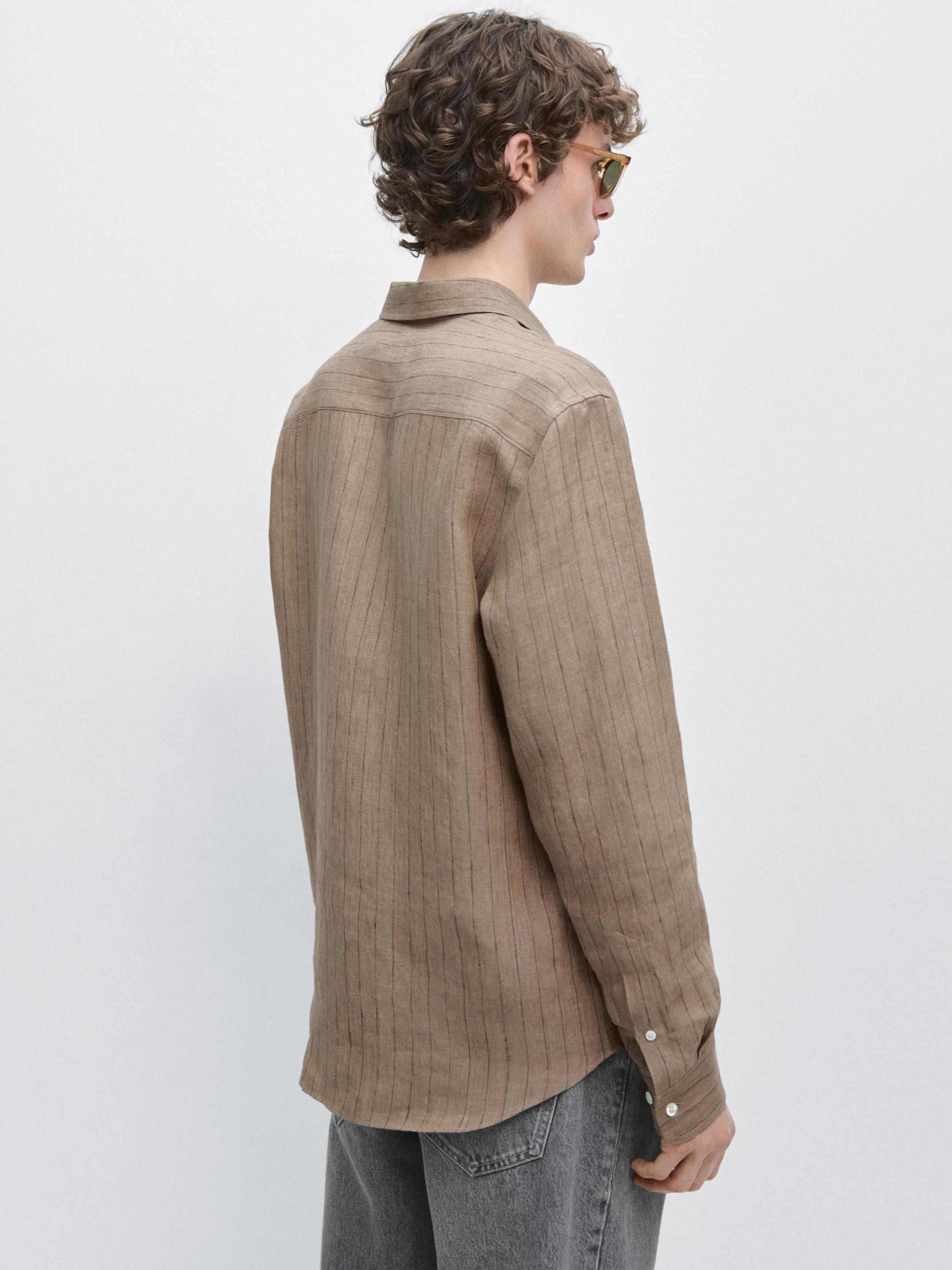 Regular fit 100% linen striped shirt — BEIGE