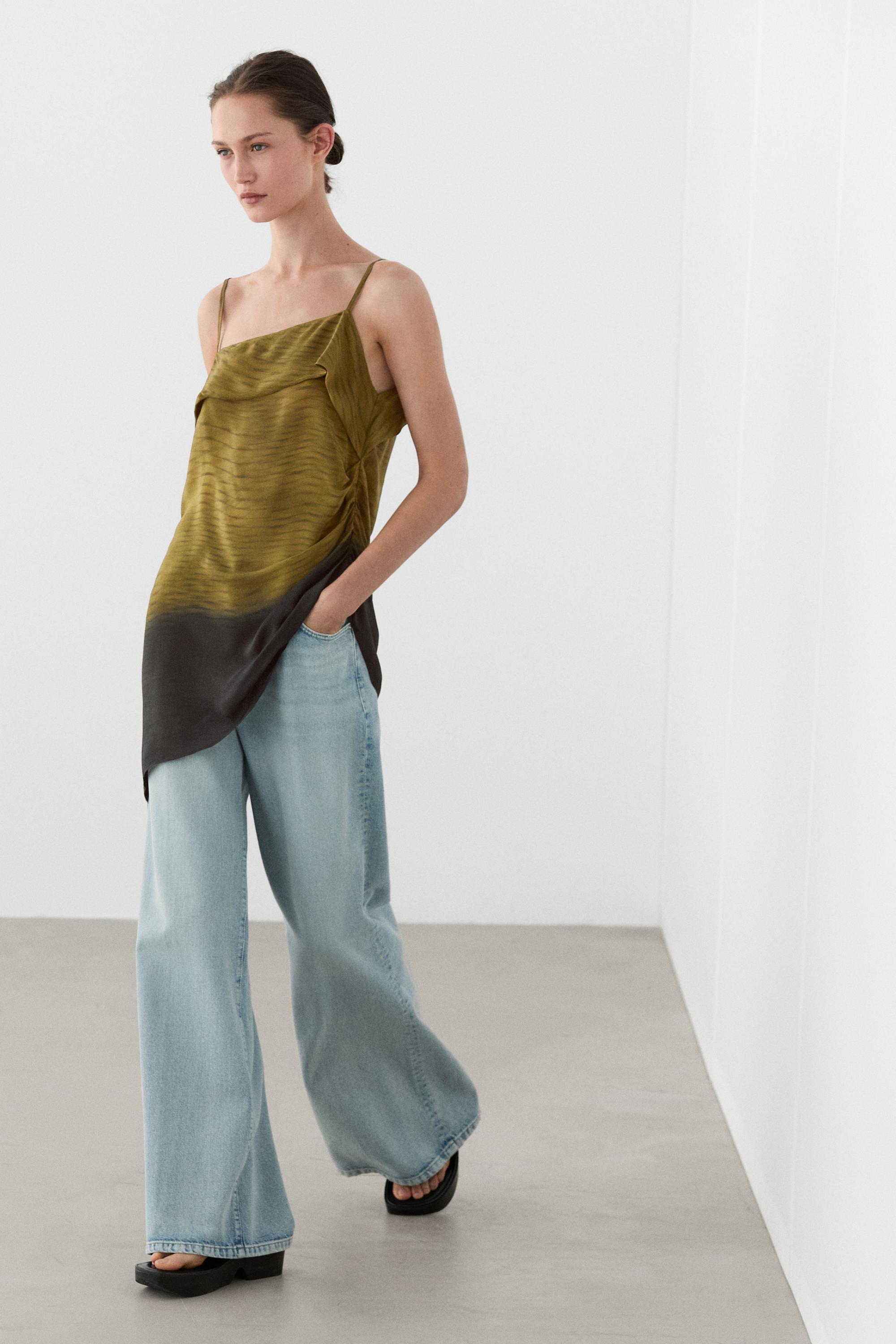 Asymmetric strappy top with draped detail — KHAKI GREEN