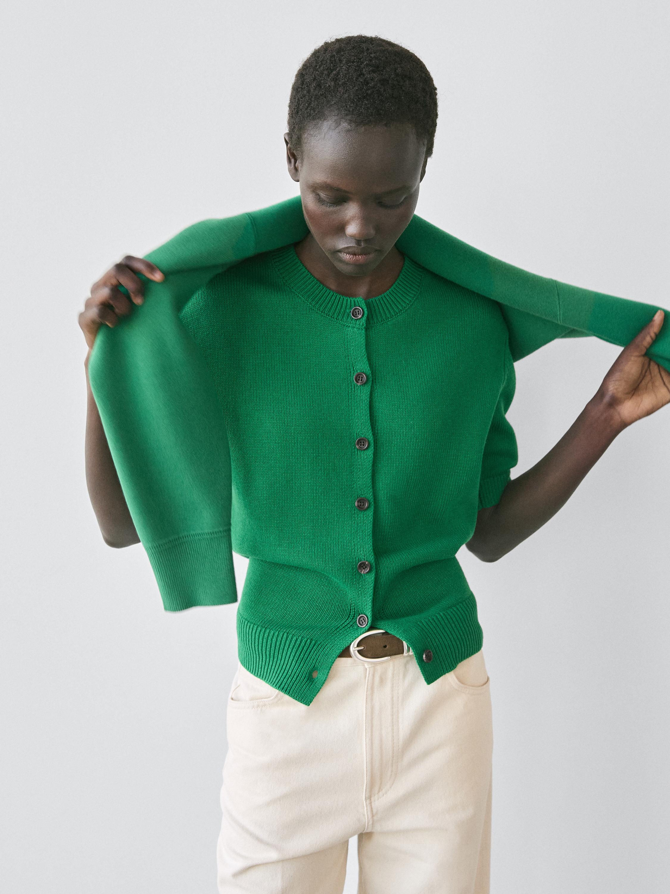 Cotton blend short sleeve knit cardigan — GREEN