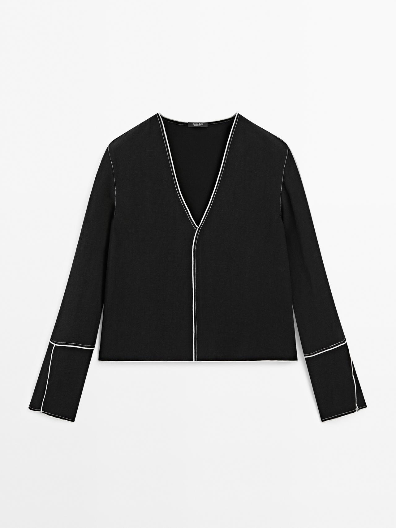 Massimo Dutti - Dame - Skjorte Med Blødt Fald Og Pyntestikninger I Kontrast - Sort - Xs