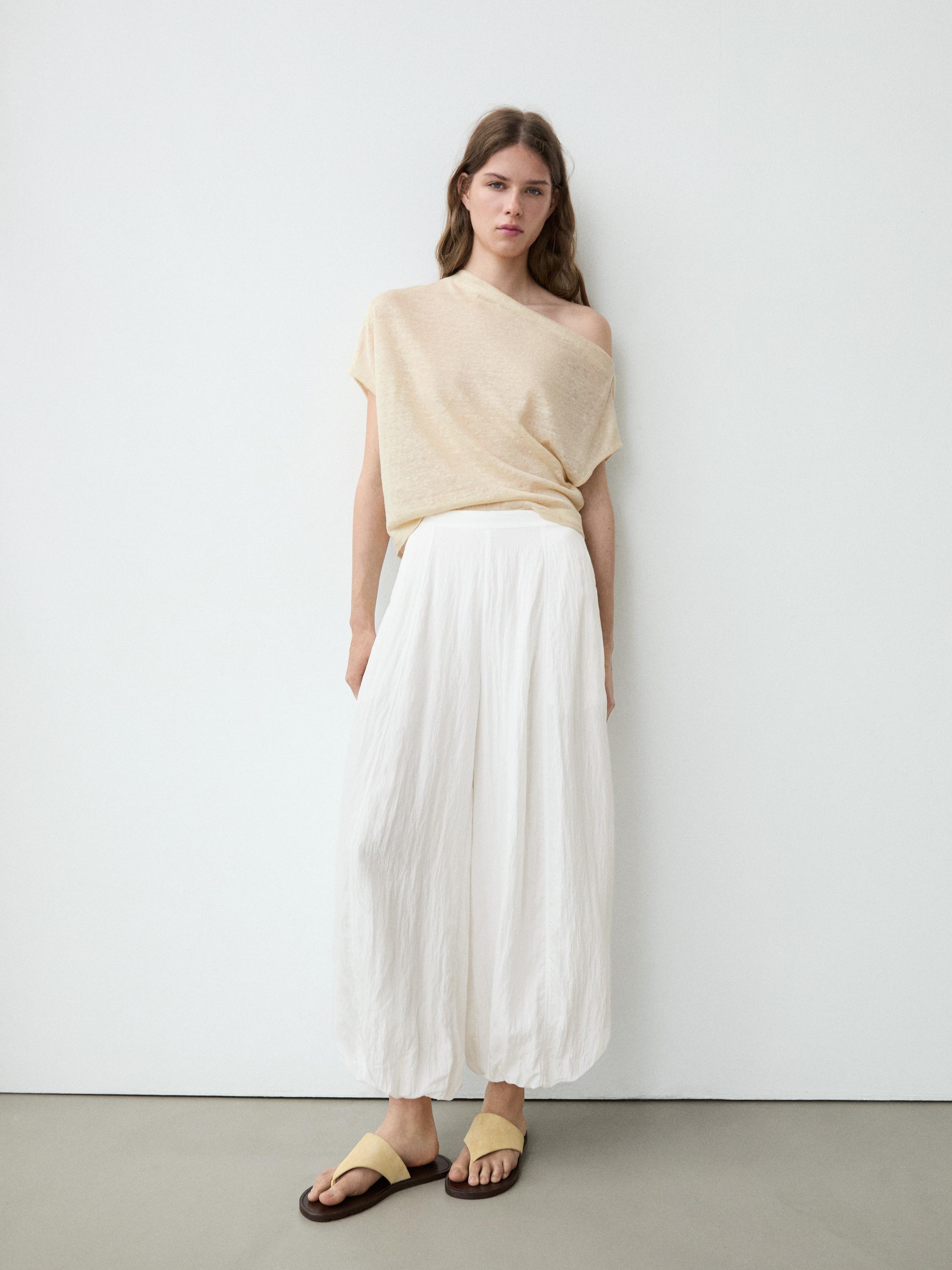 Flowing sarouel trousers with textured detail — WHITE