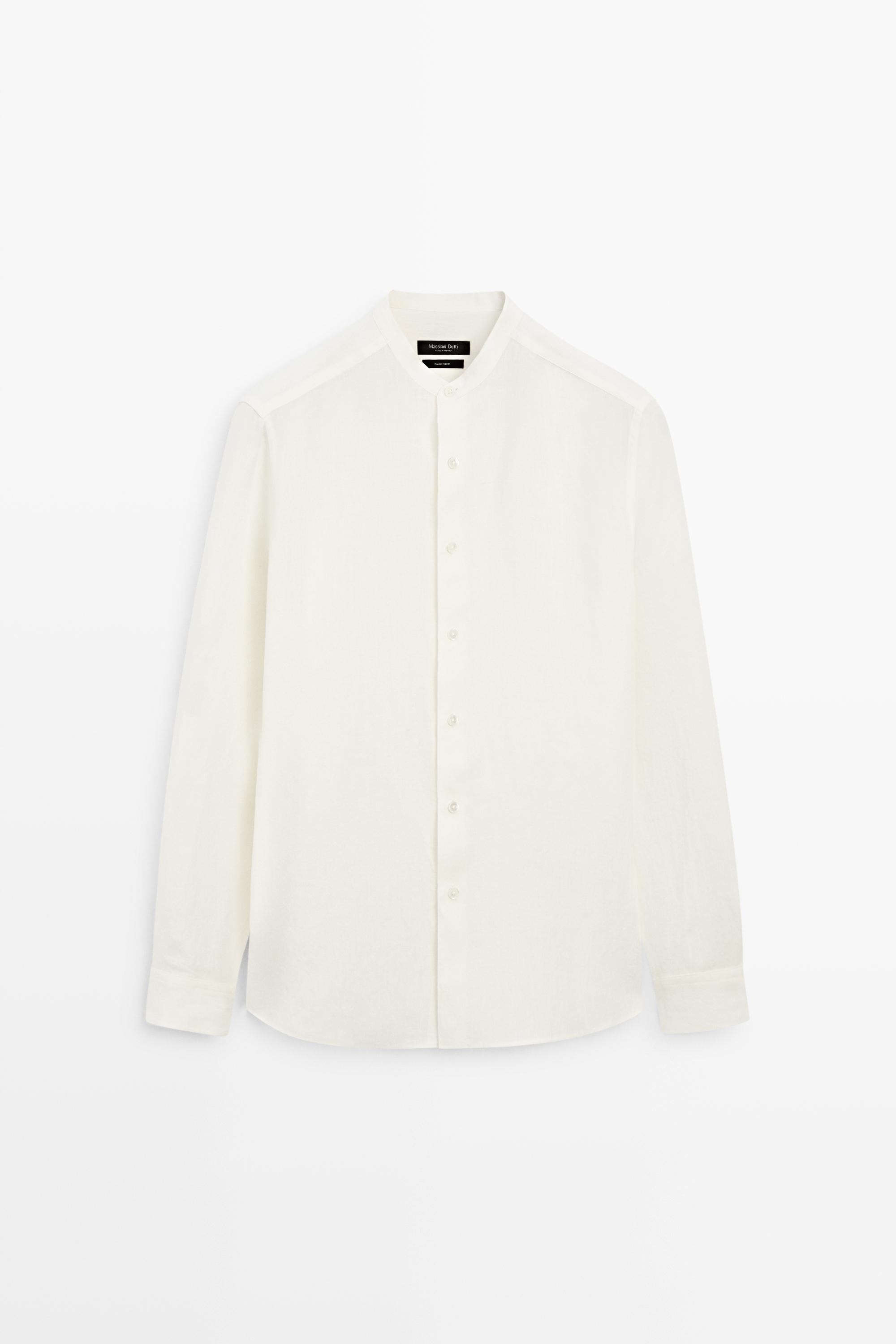 100% linen regular fit shirt with stand collar — CREAM
