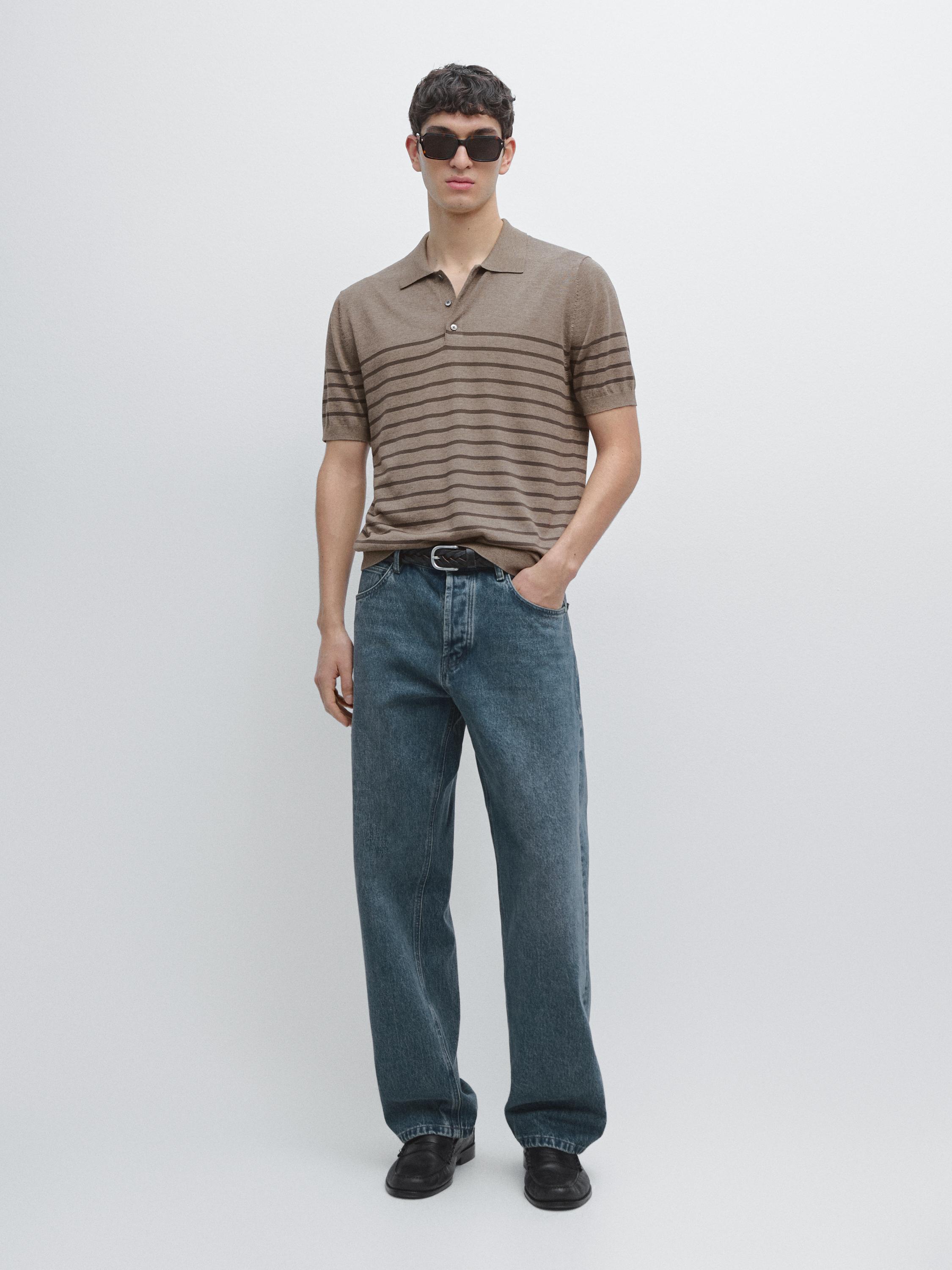 Striped cotton blend knit polo shirt