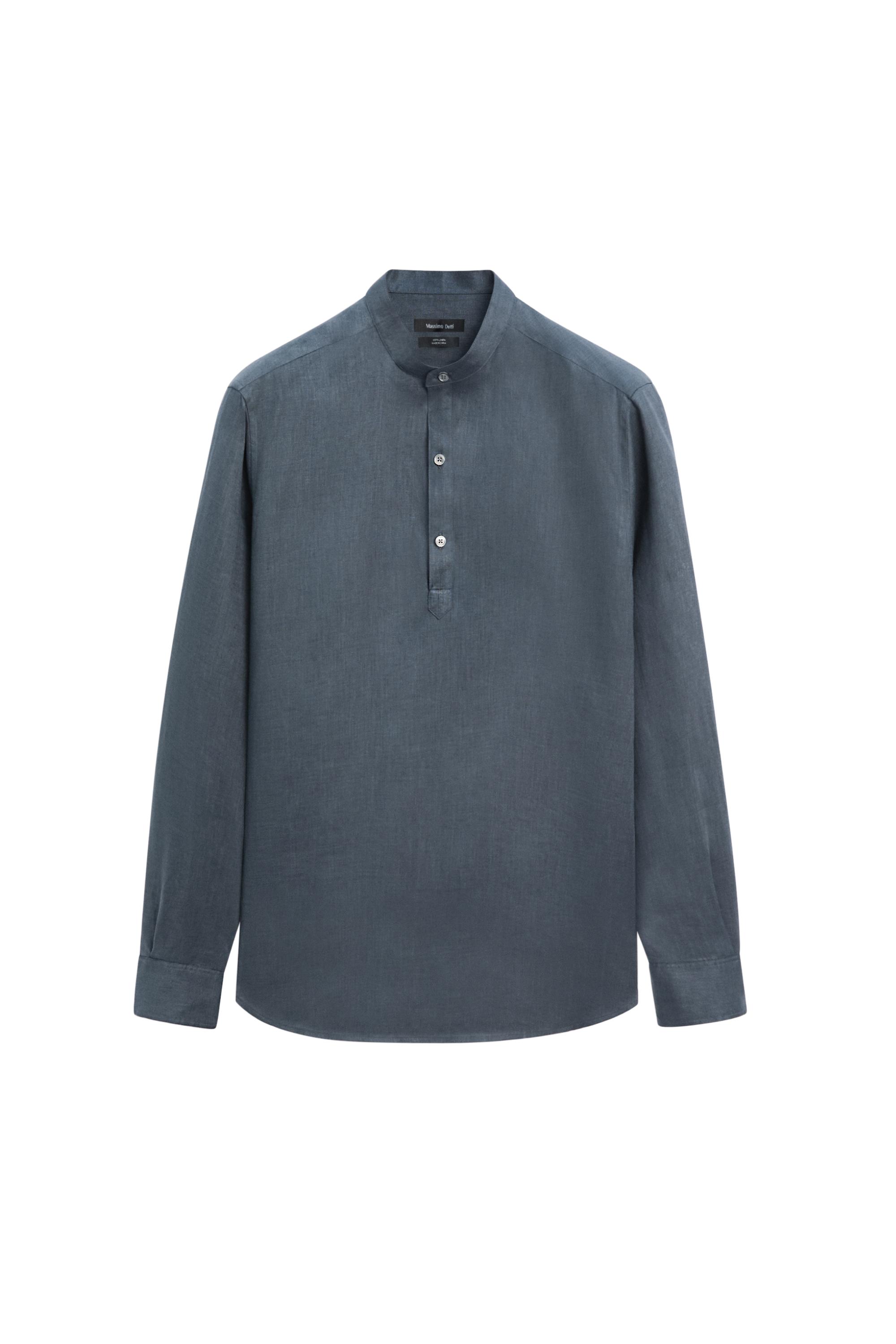 Regular fit stand collar 100% linen shirt — PETROLEUM