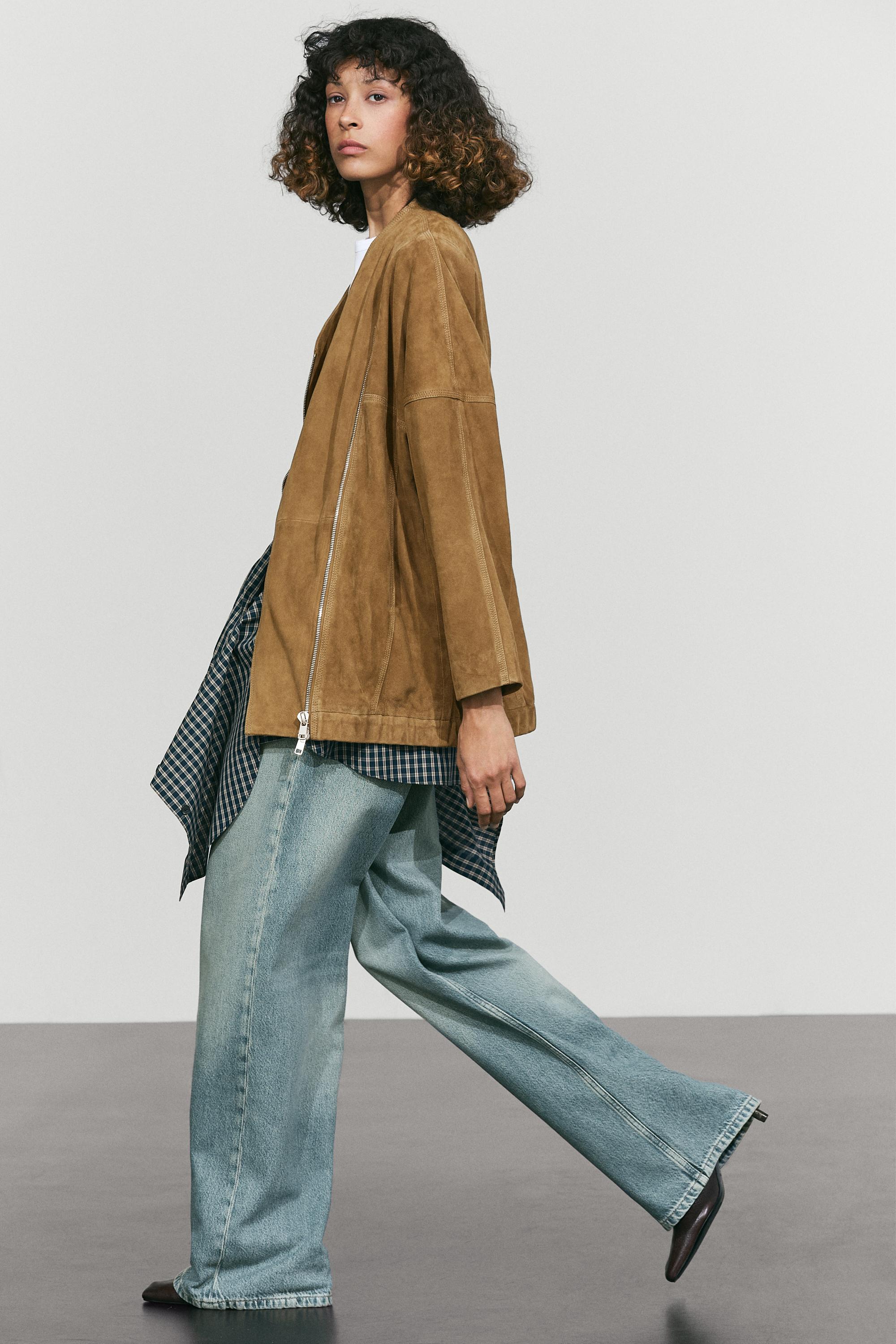 Asymmetrical suede leather zip-up jacket — Washed