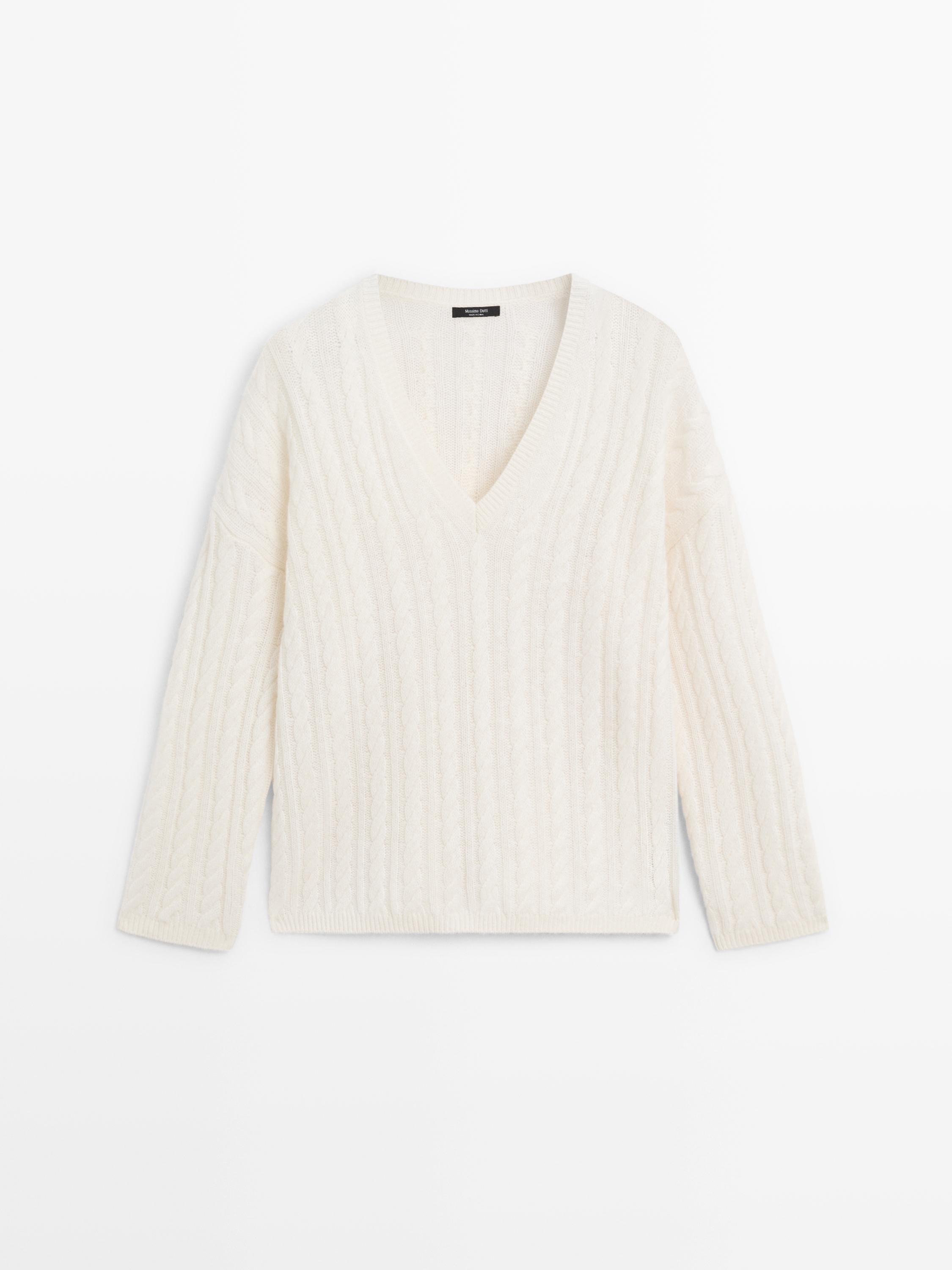 Cable-knit V-neck sweater